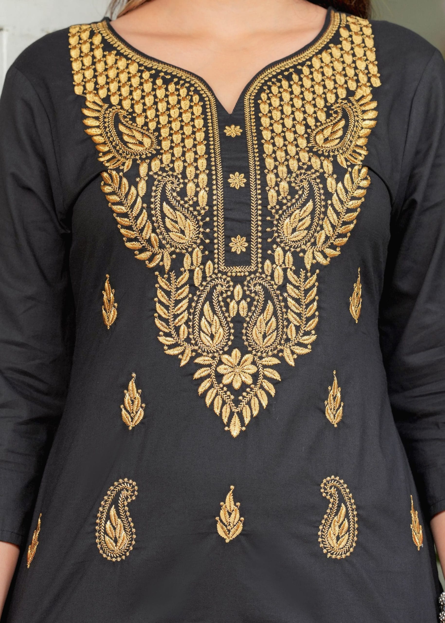 Gold Embroidery Black Straight Kurti - View 4