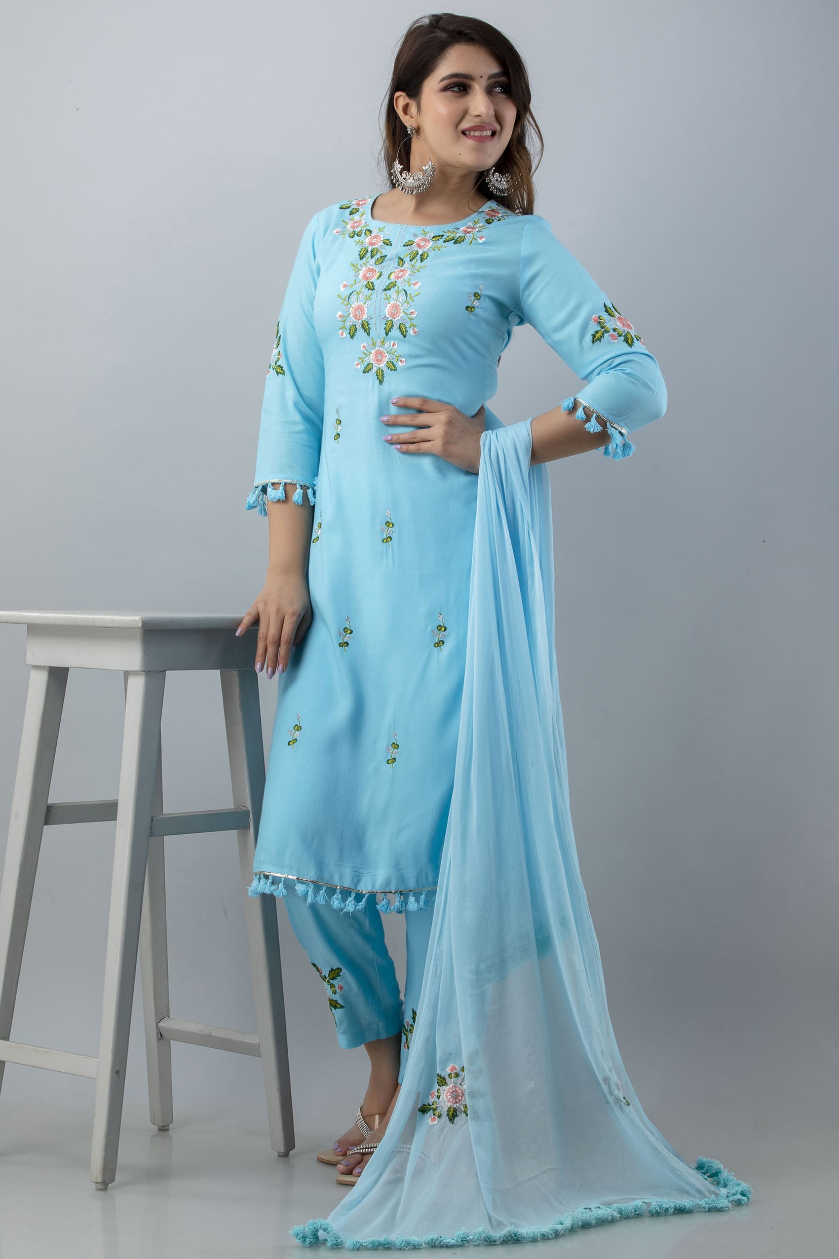 "SkyBlue Embroidered Rayon Straight Kurta Set"