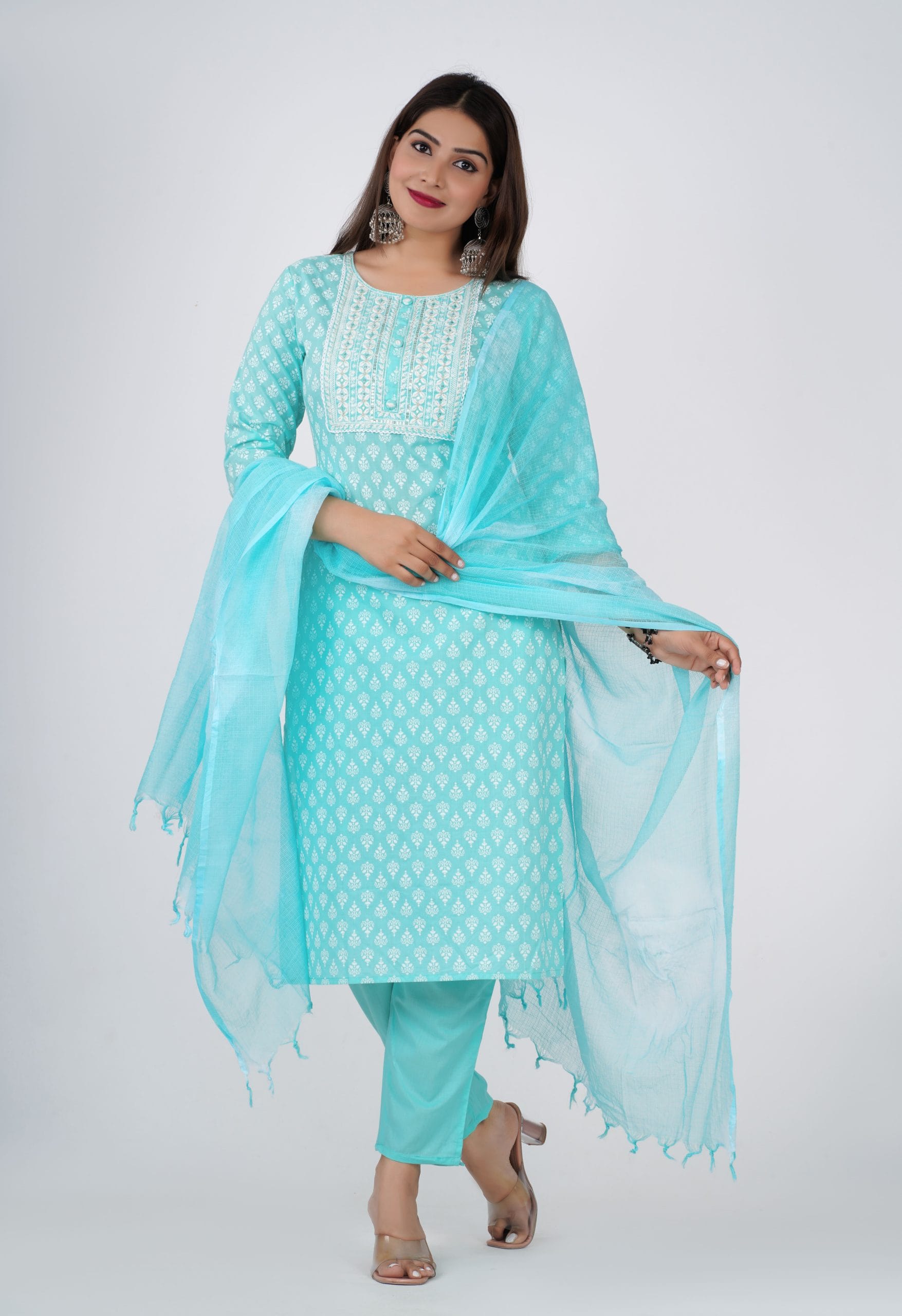 Zyani Sky Blue Kurti with Dupatta Set - View 4