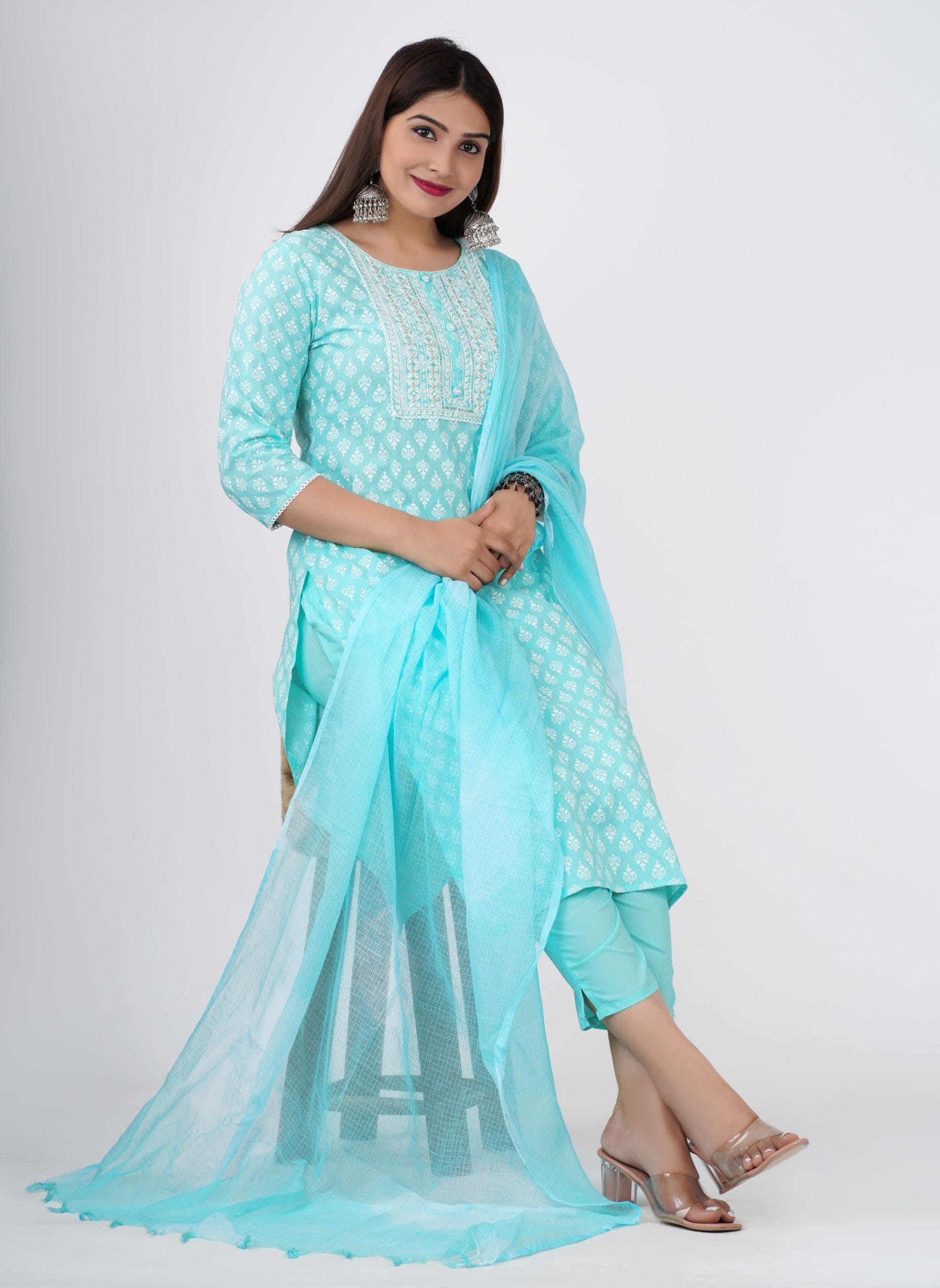 Zyani Sky Blue Kurti with Dupatta Set - View 5