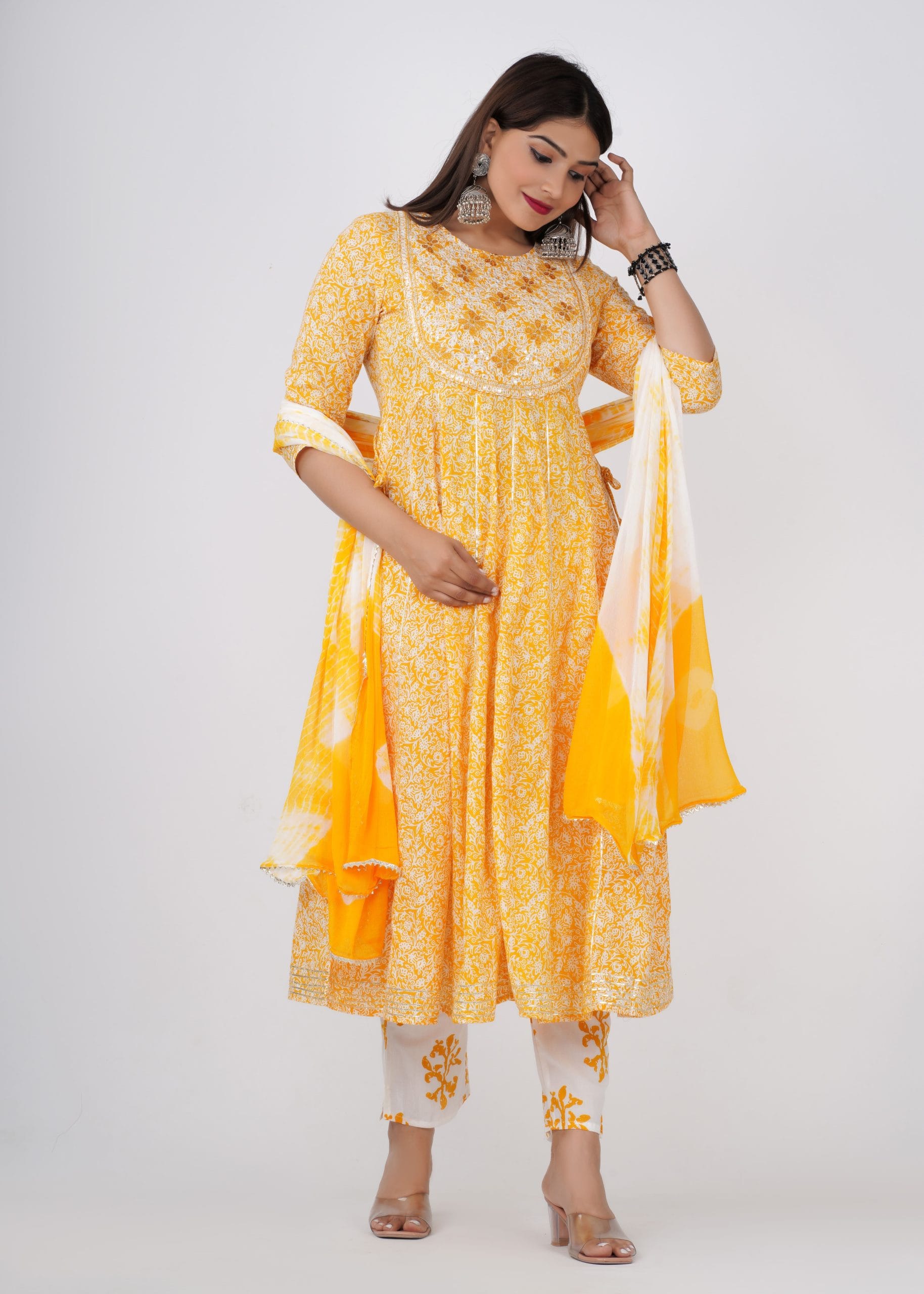 Amara Yellow Anarkali Kurti with Pant & Dupatta Set - View 3