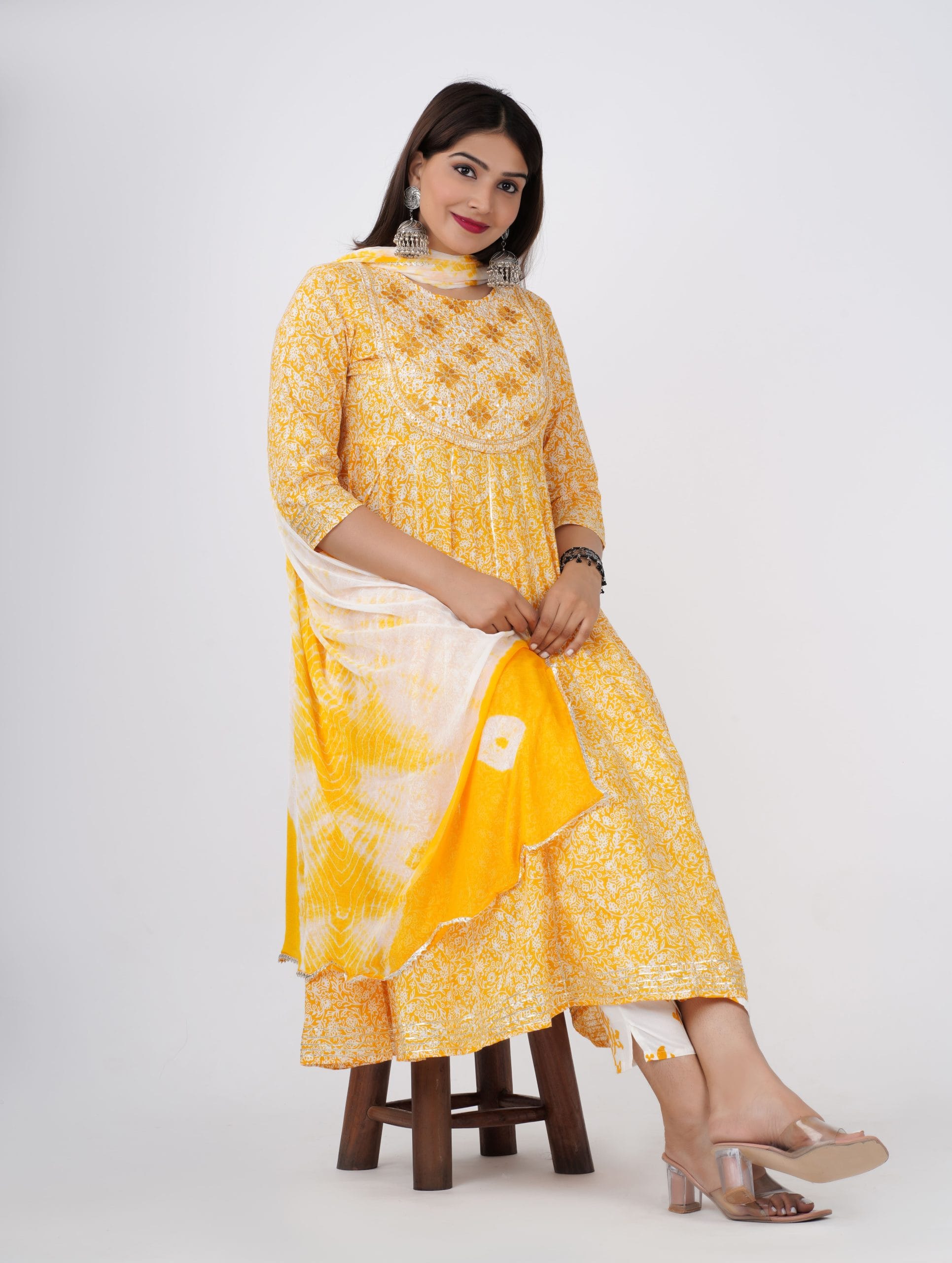 Amara Yellow Anarkali Kurti with Pant & Dupatta Set - View 5
