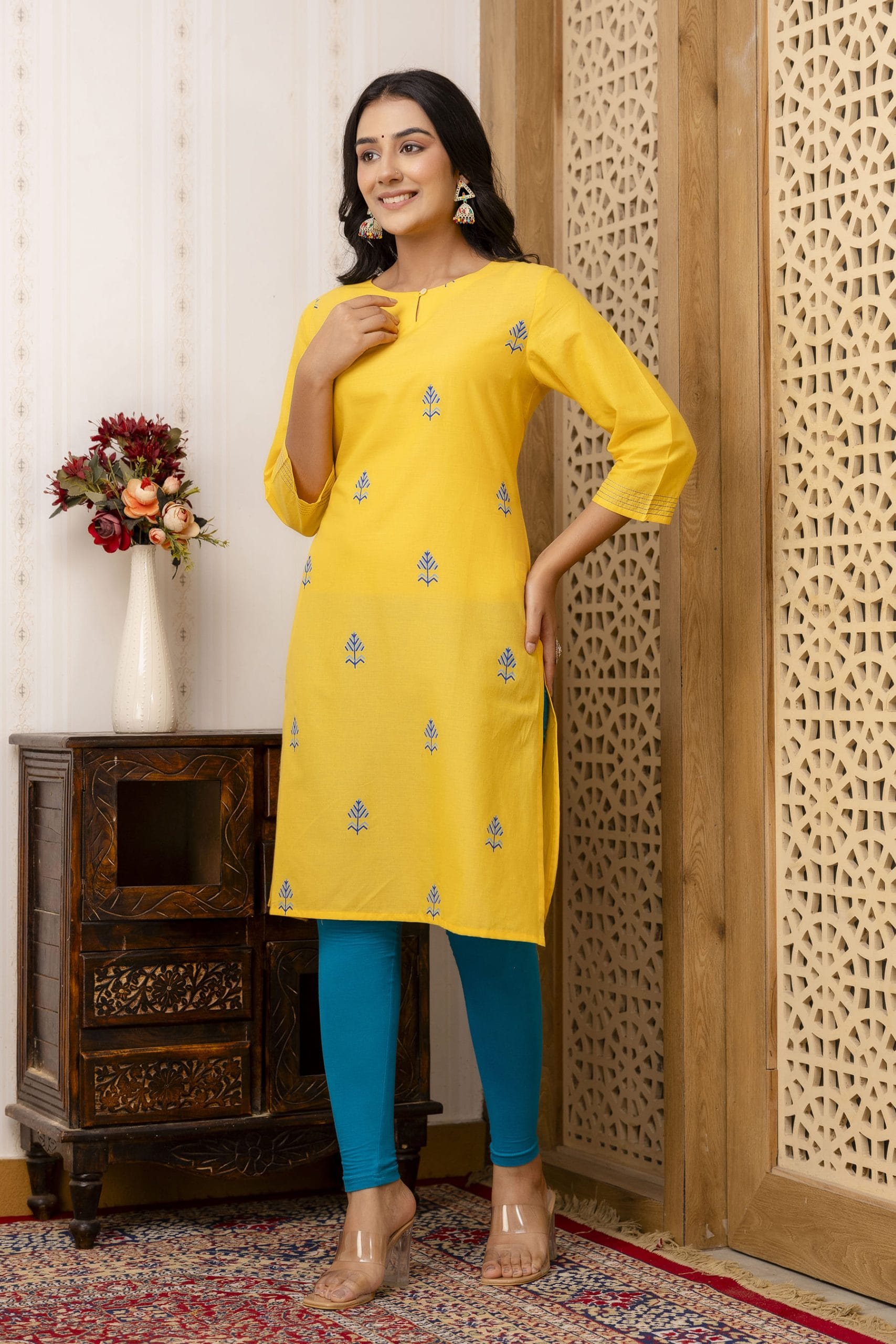 "Ziya Mustard Yellow Printed Straight Kurti"