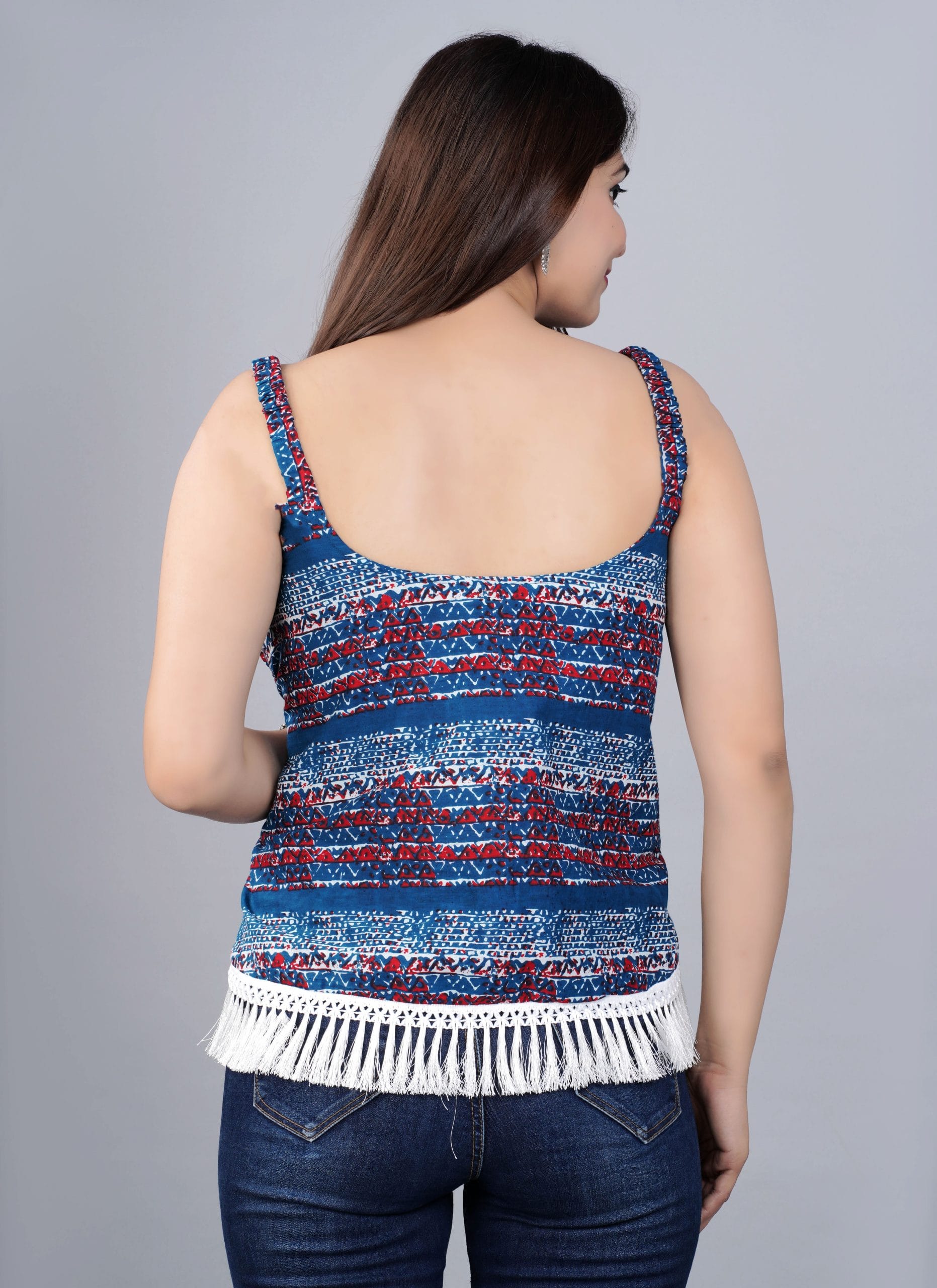 Nira Blue Boho Fringe Top - View 2