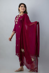Aisha Wine Embroidered Rayon Kurta Set with Dupatta
