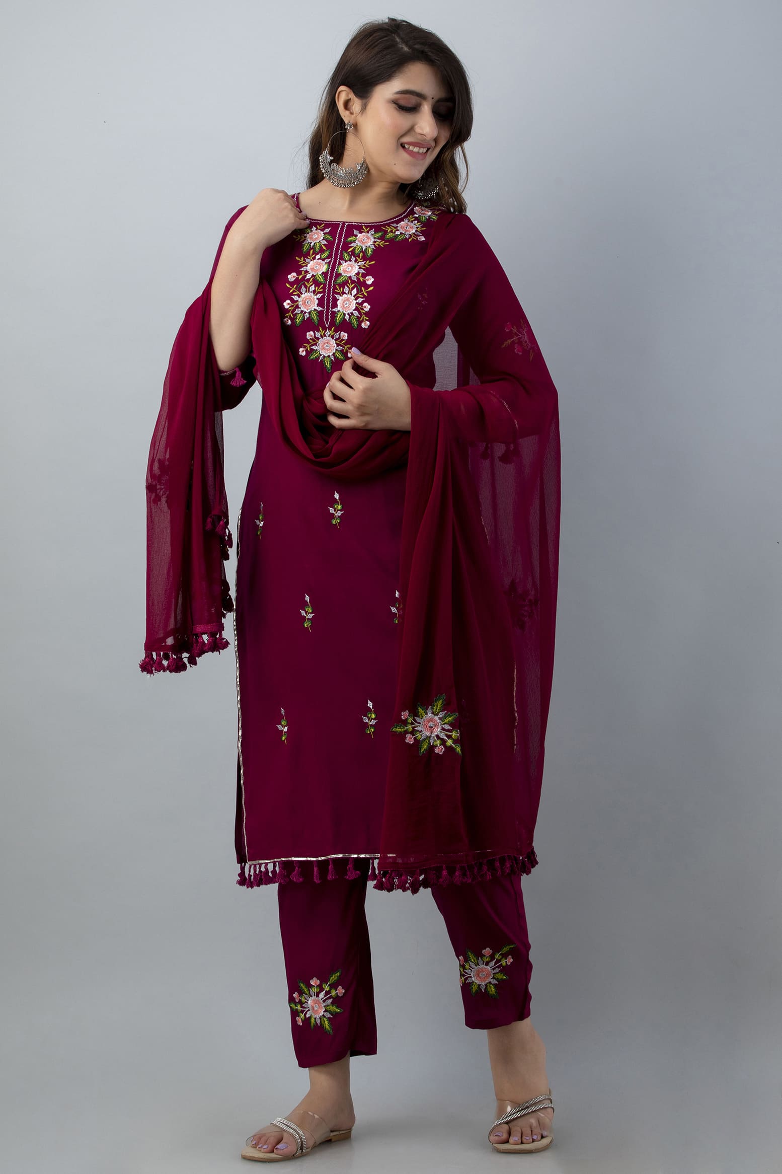 Wine Embroidered Rayon Kurta Set with Dupatta - View 3