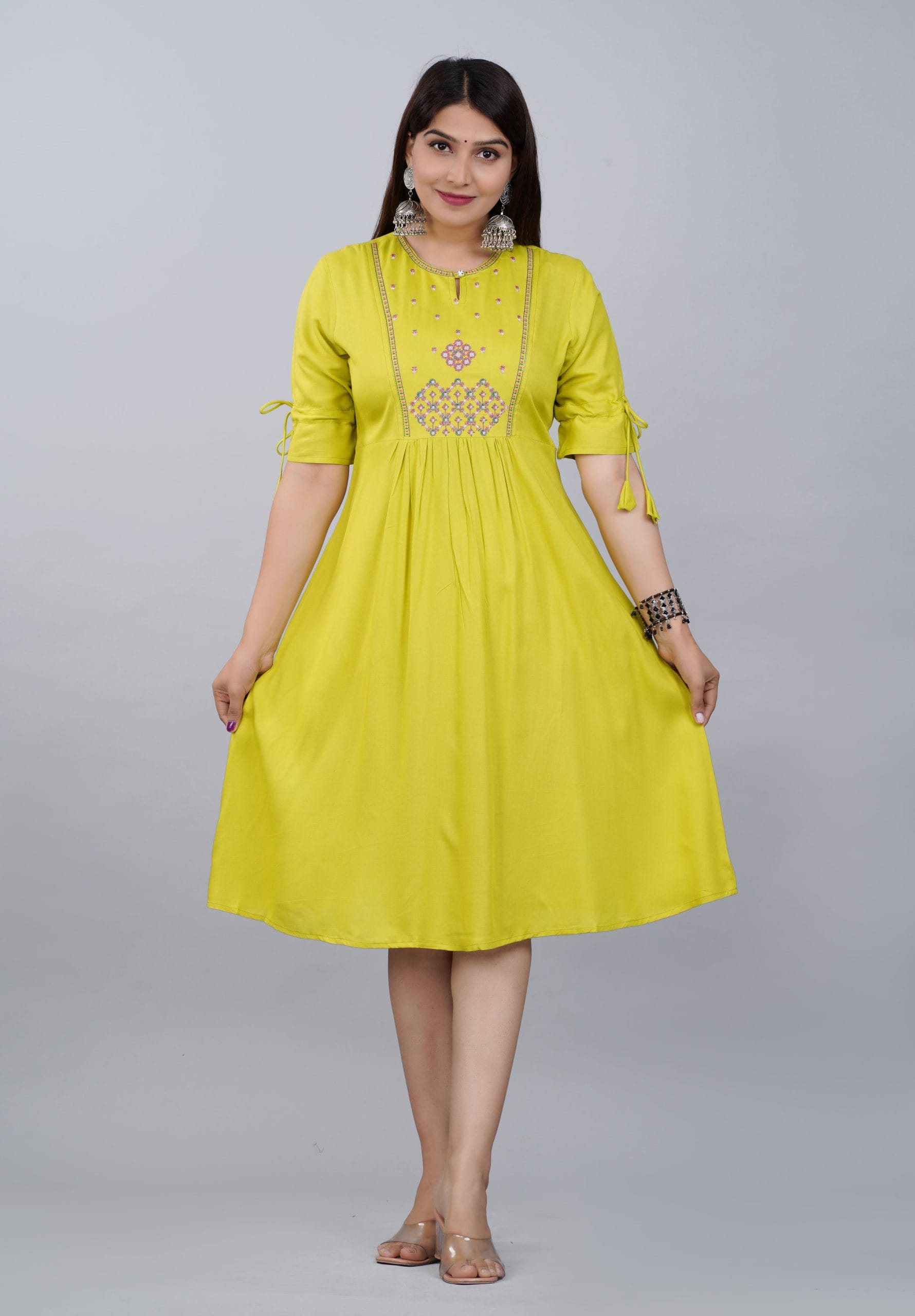 Lime Yellow Rayon Embroidered Kurti Dress for Women by Vaaki