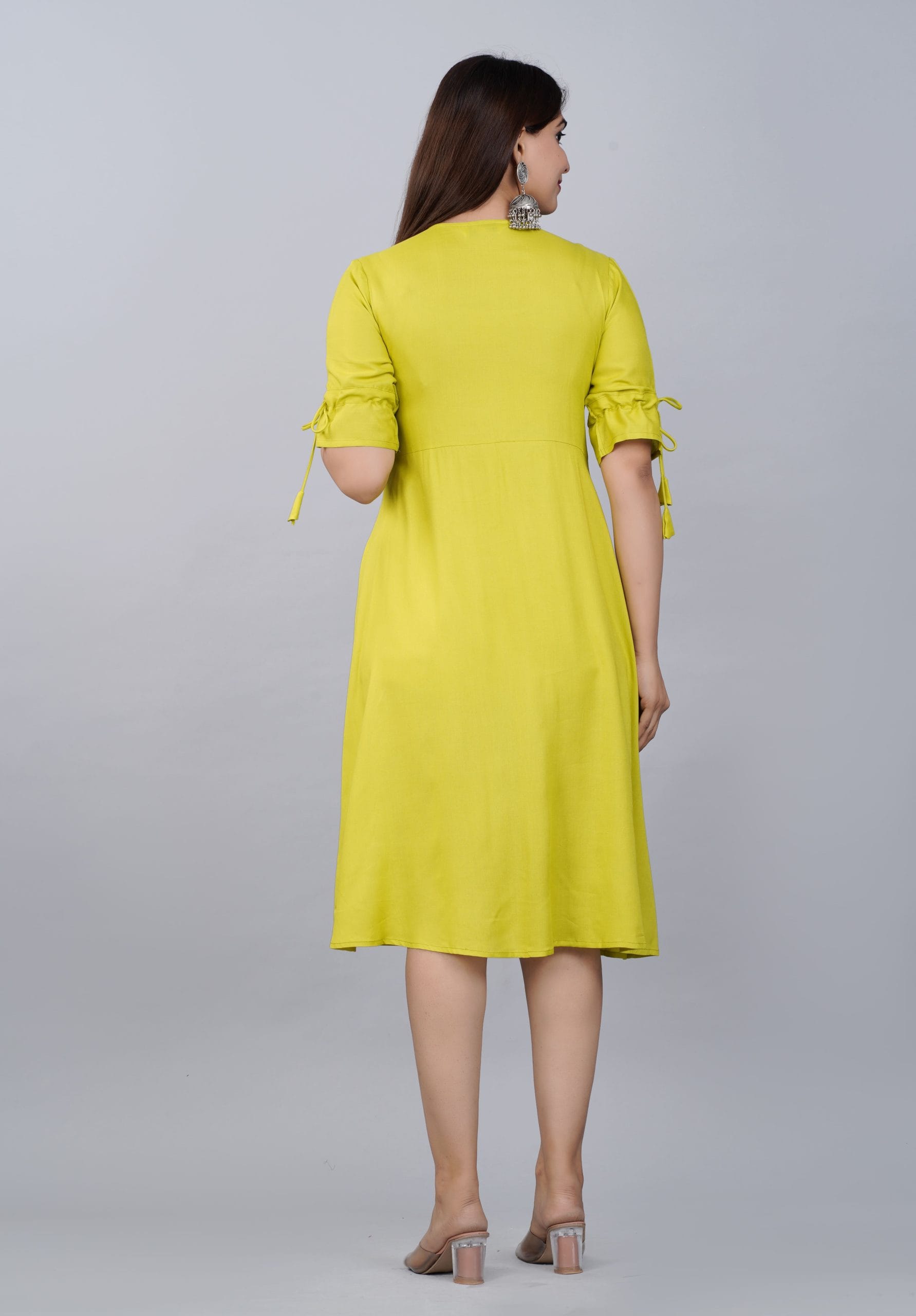 Lime Yellow Embroidered A-Line Kurti Dress - View 2
