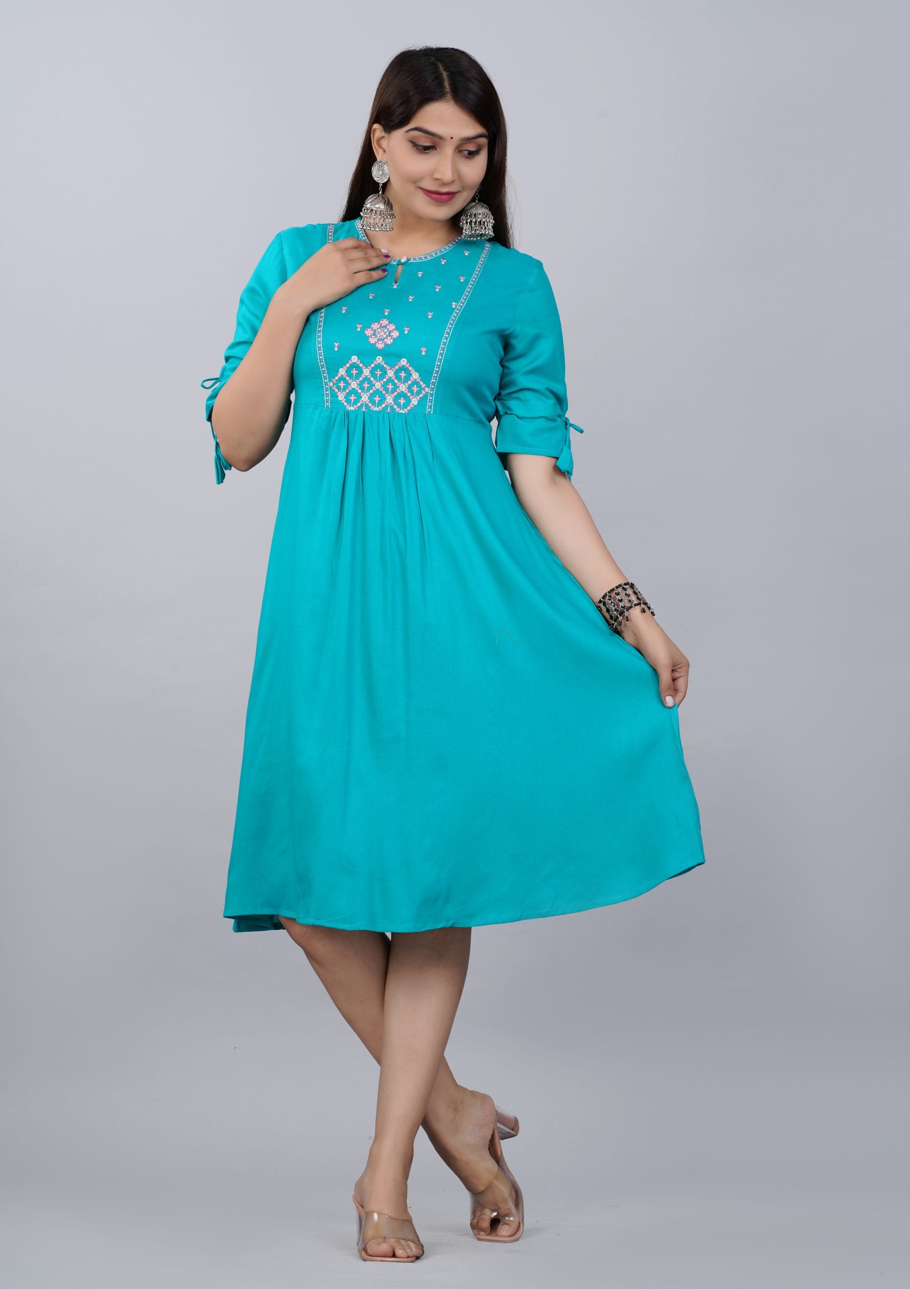 Fuchsia Pink Embroidered A-Line Kurti Dress - View 5