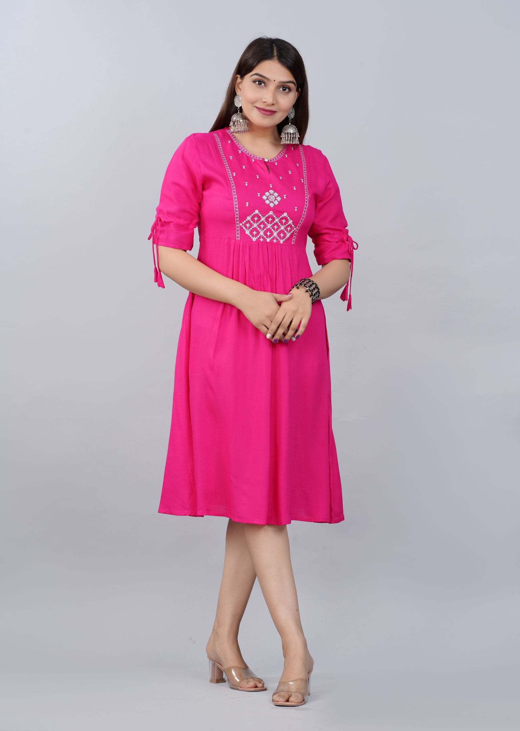 Fuchsia Pink Embroidered A-Line Kurti - View 3