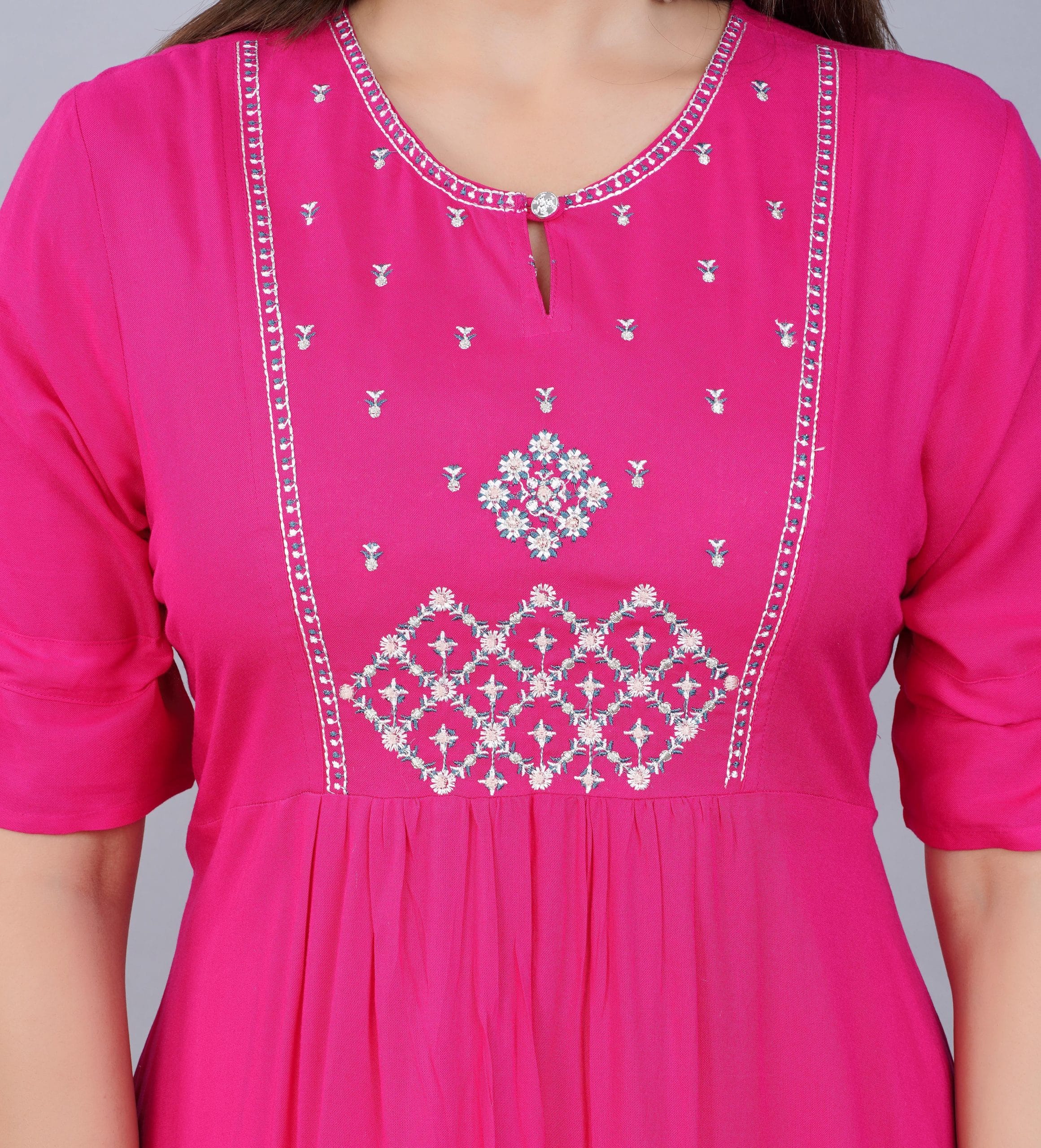 Fuchsia Pink Embroidered A-Line Kurti - View 4