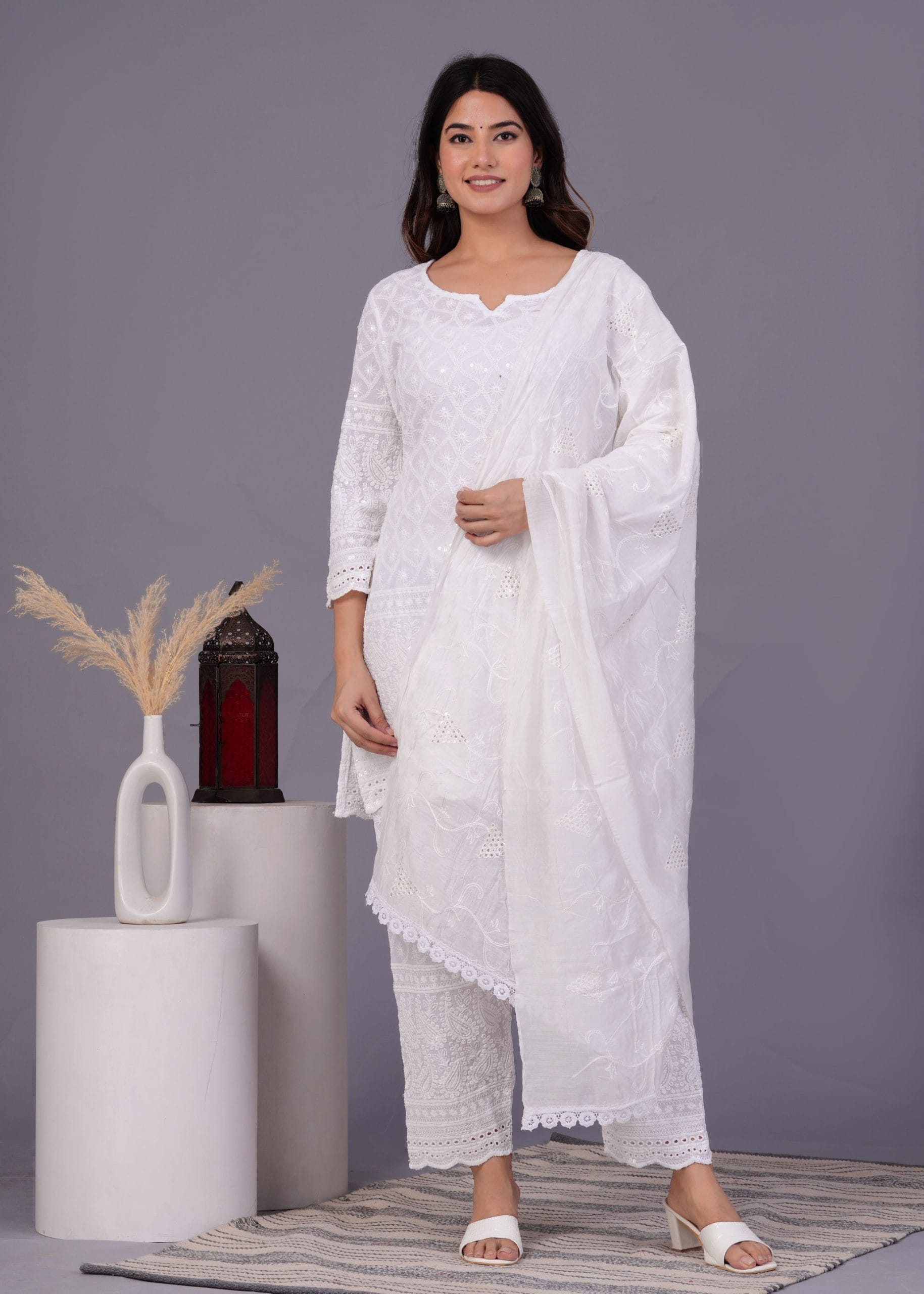 White Cotton Chikankari Kurti Pant Dupatta Set - View 4