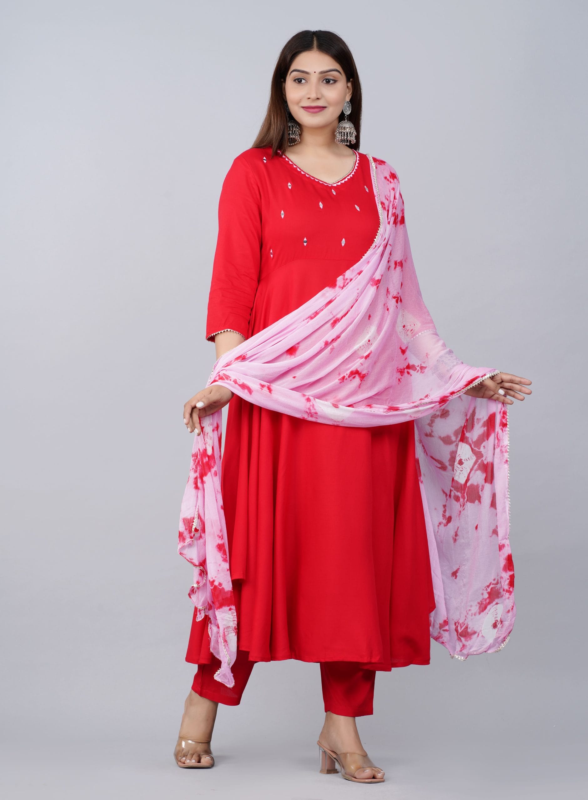 Ruhani Red Mirror-Work Kurti Set - View 3