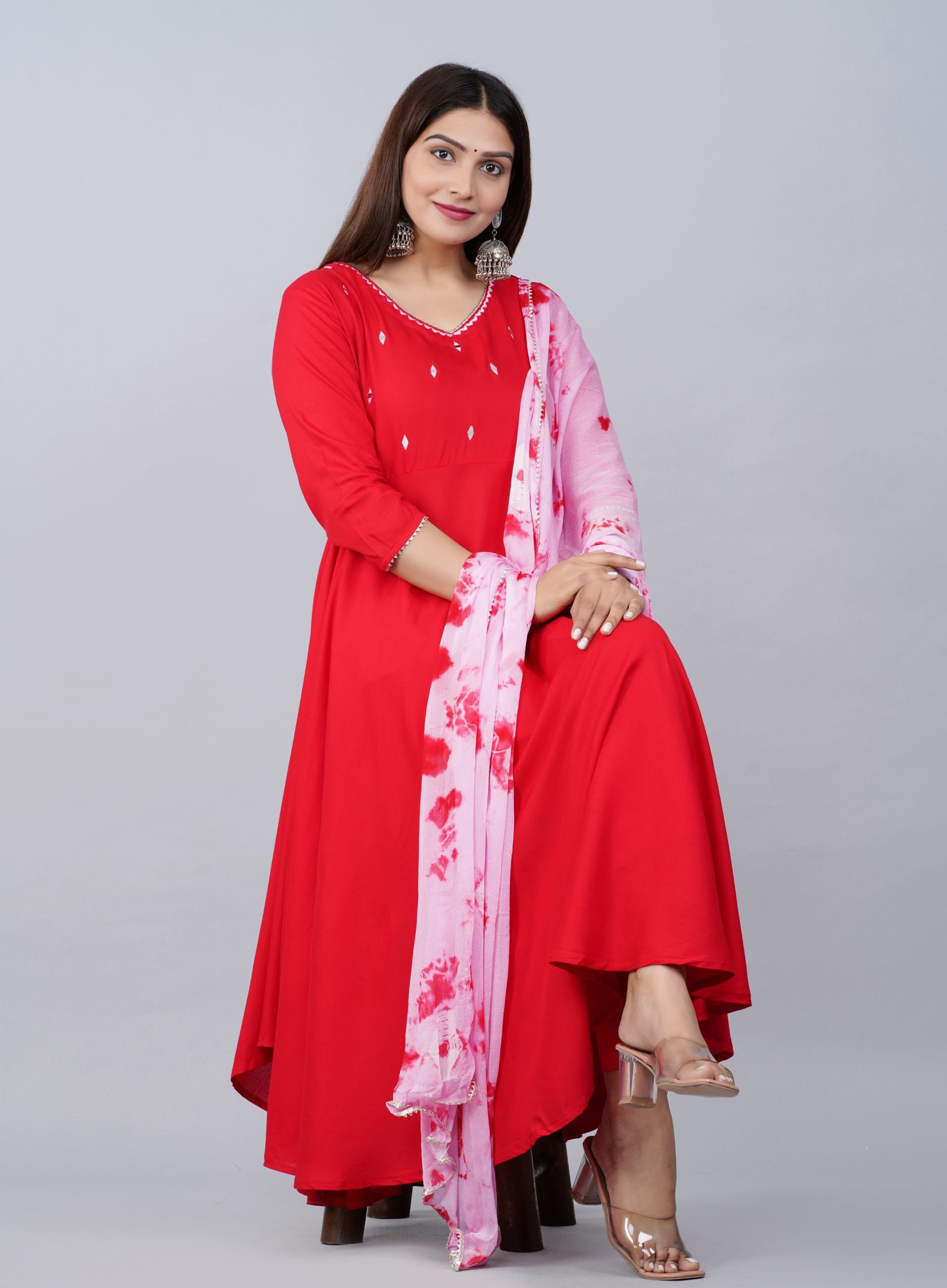 "Ruhani Red Mirror-Work Kurti Set"