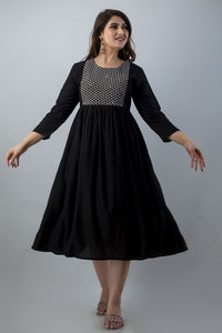 Mithya Black Flared Midi Kurta Dress