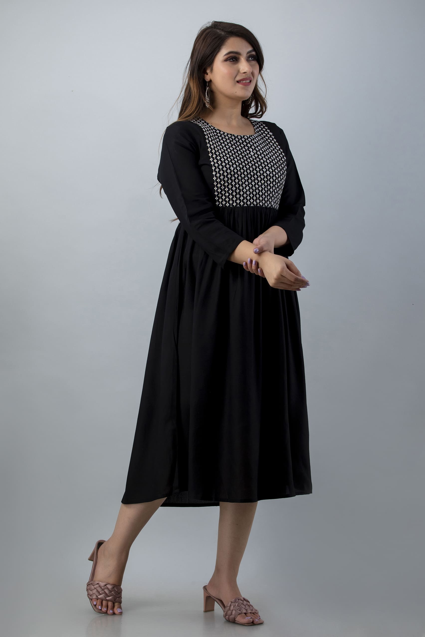 Mithya Black Flared Midi Kurta Dress - View 3