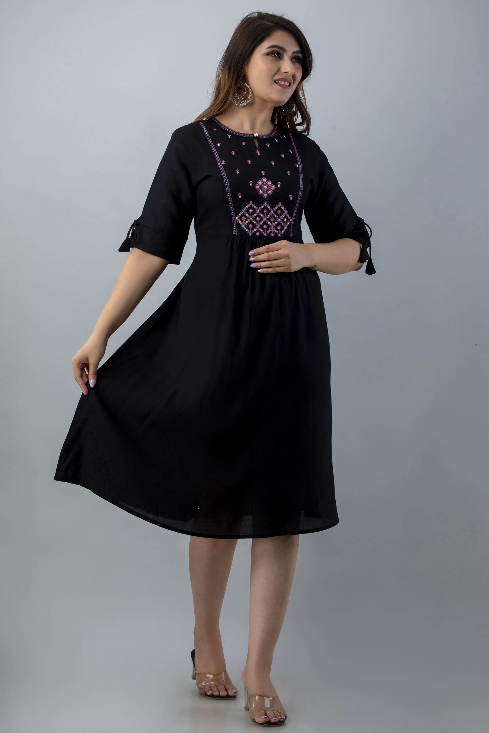 Aureva Black Front Embroidery Flared Kurta - View 3