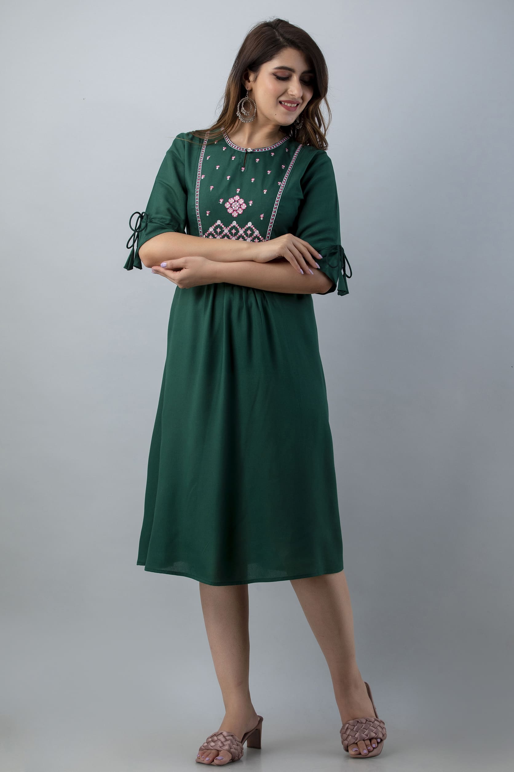 Aureva Green Front Embroidery Flared Kurta - View 3