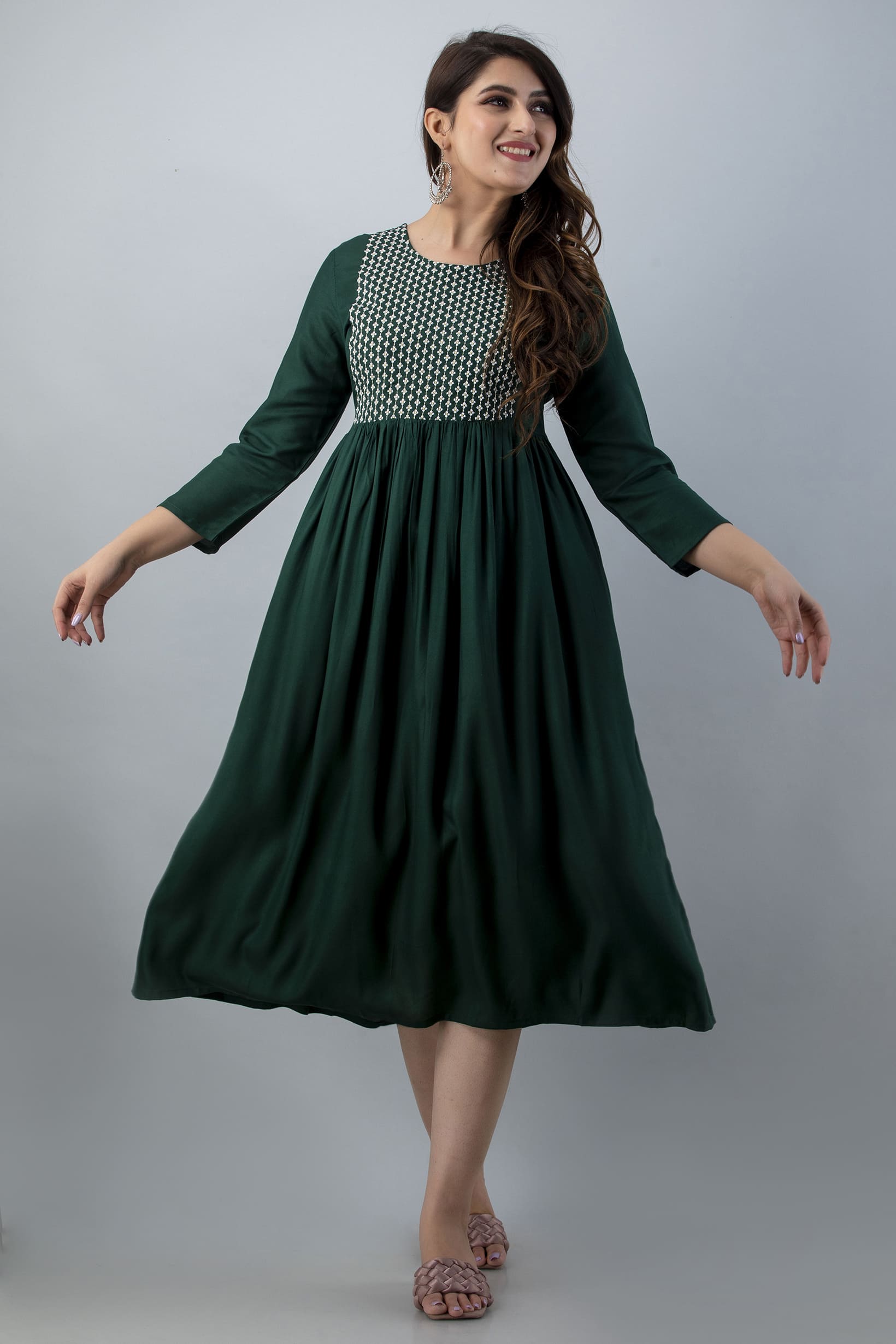 Mithya Bottle Green Flared Midi Kurta by Vaaki