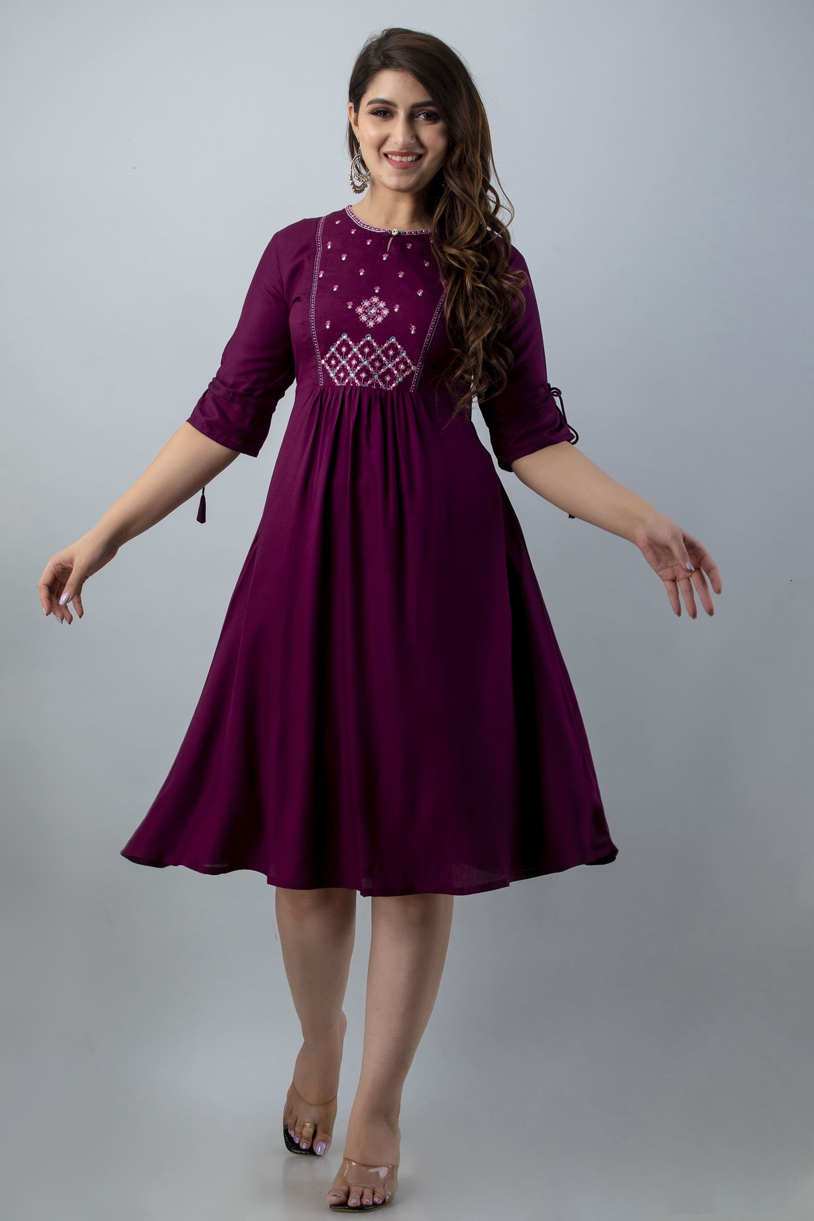 Aureva Maroon Front Embroidery Flared Kurta - View 5