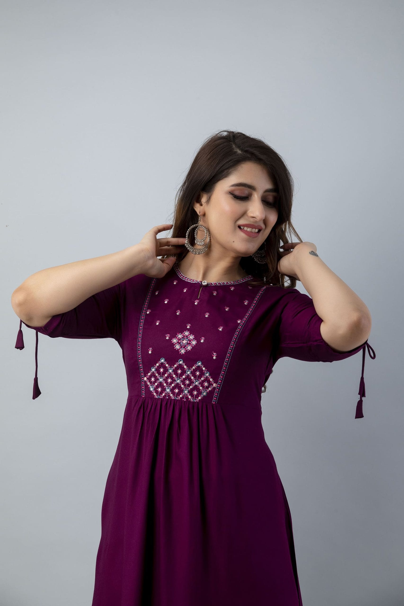 Aureva Maroon Front Embroidery Flared Kurta - View 3