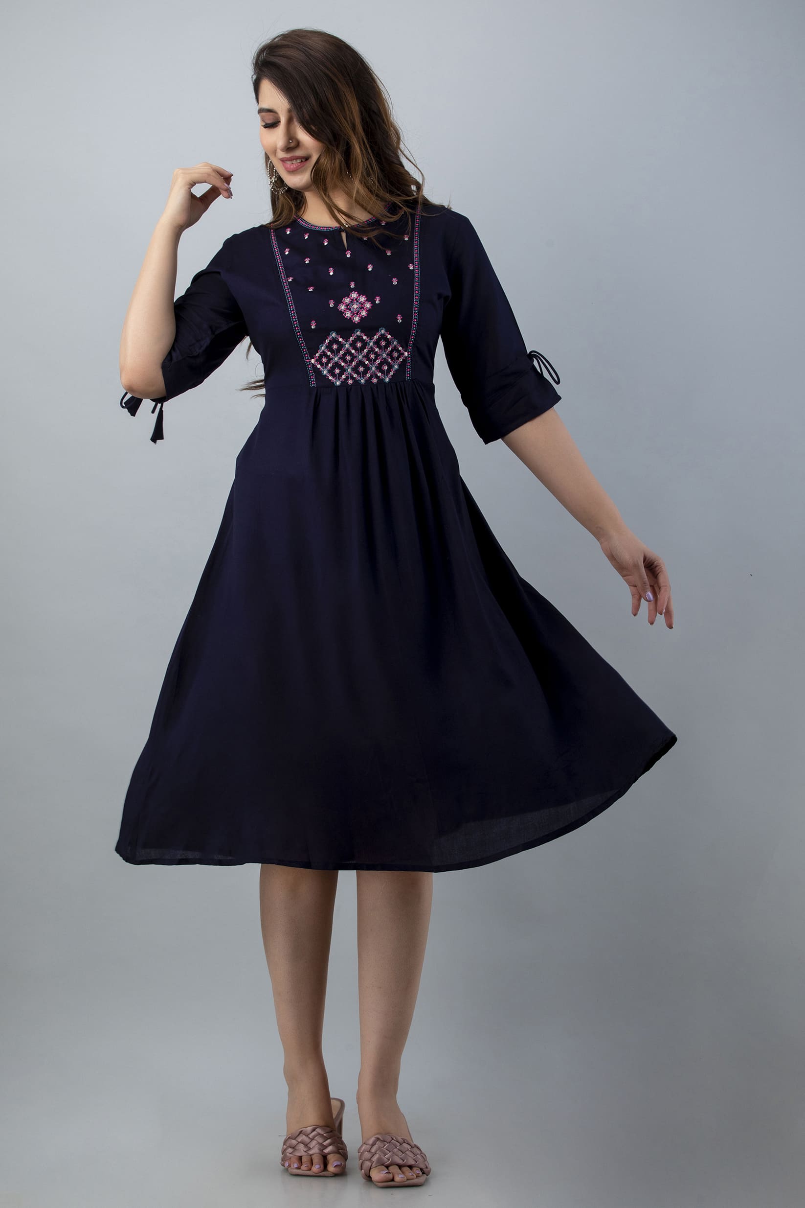 Aureva Blue Front Embroidery Flared Kurta - View 3