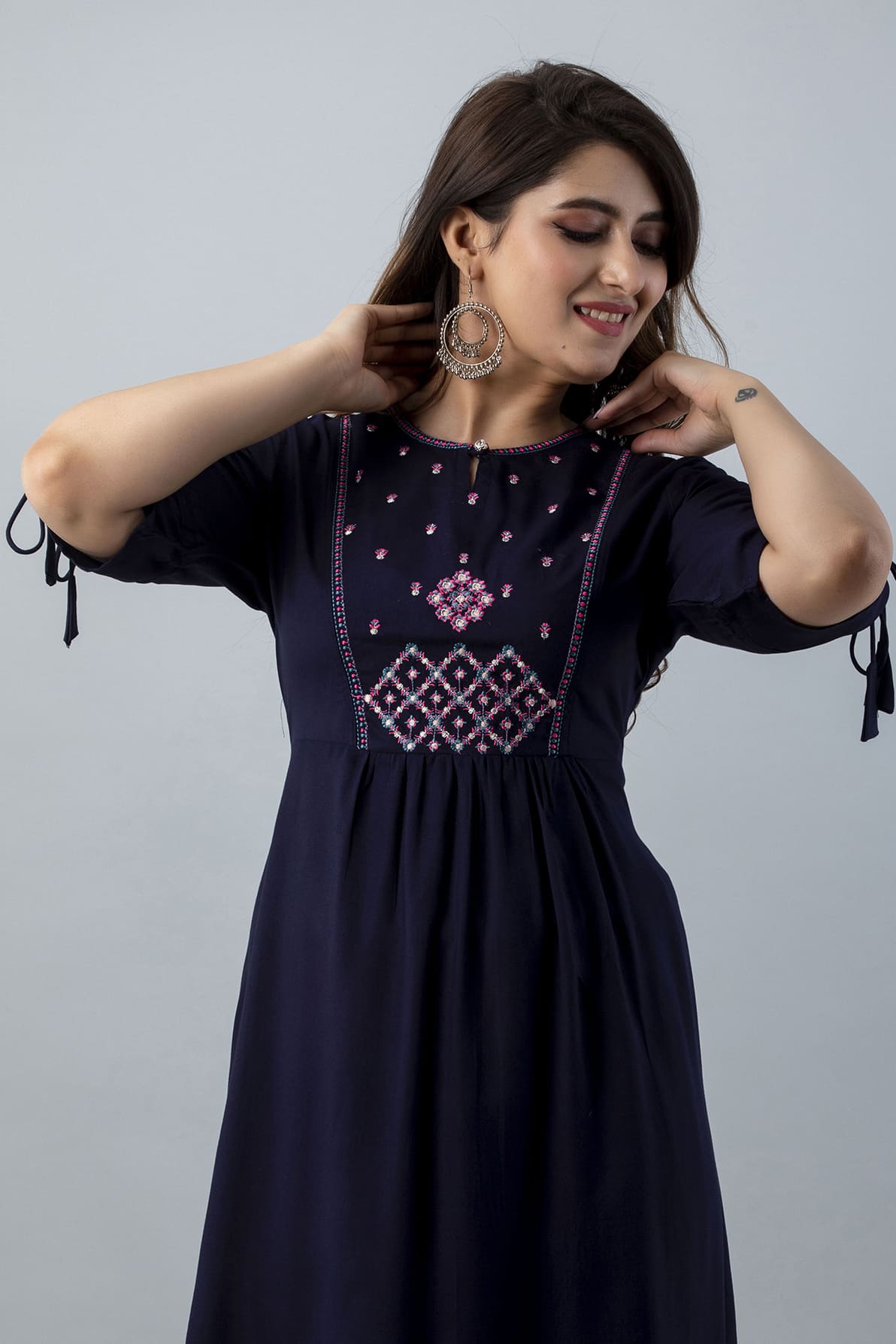 Aureva Blue Front Embroidery Flared Kurta - View 4