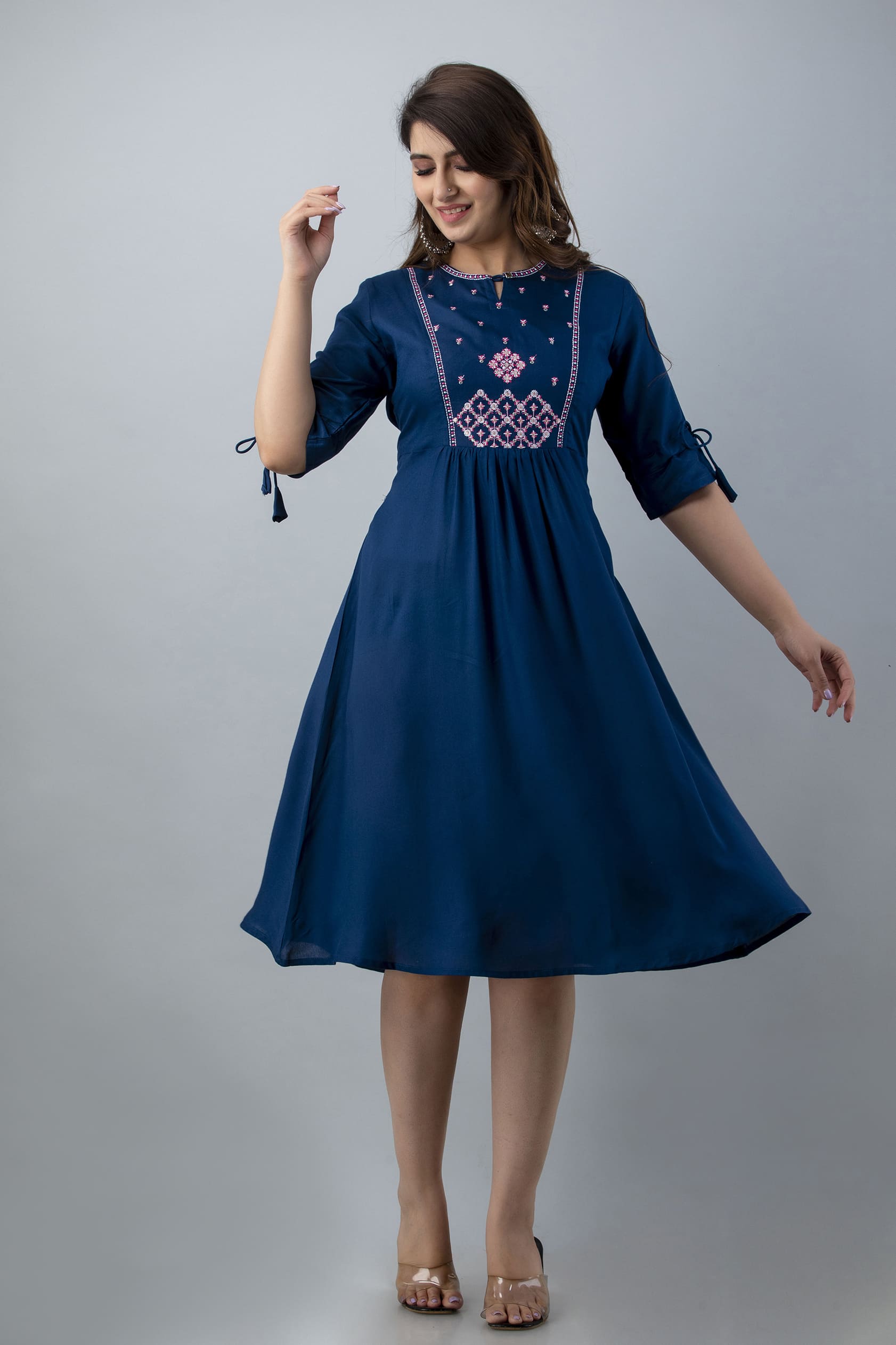 Teal Blue Front Embroidery Flared Kurta - View 4