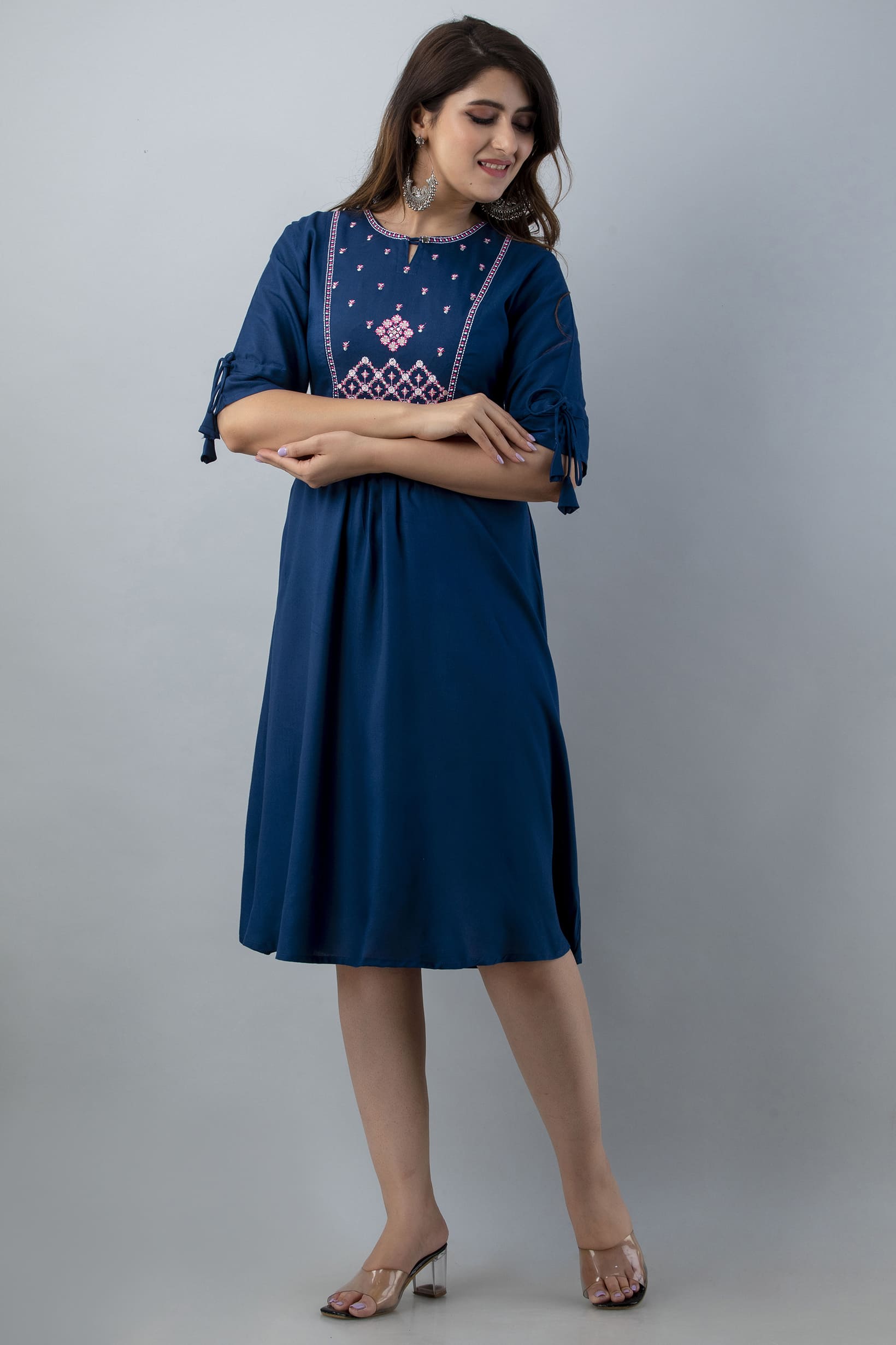 Teal Blue Front Embroidery Flared Kurta - View 5