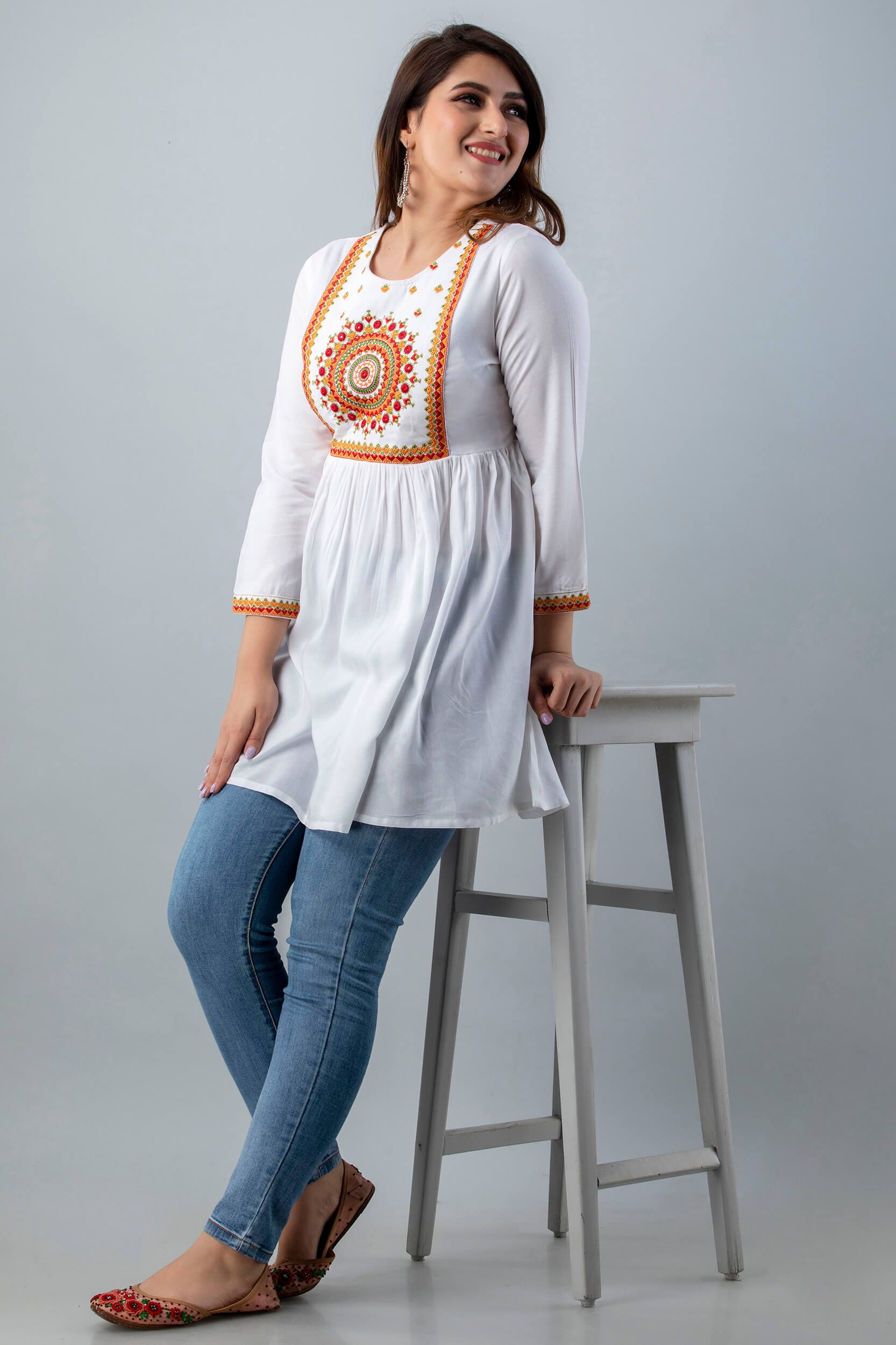 "Rangoli White Embroidered Short Top"