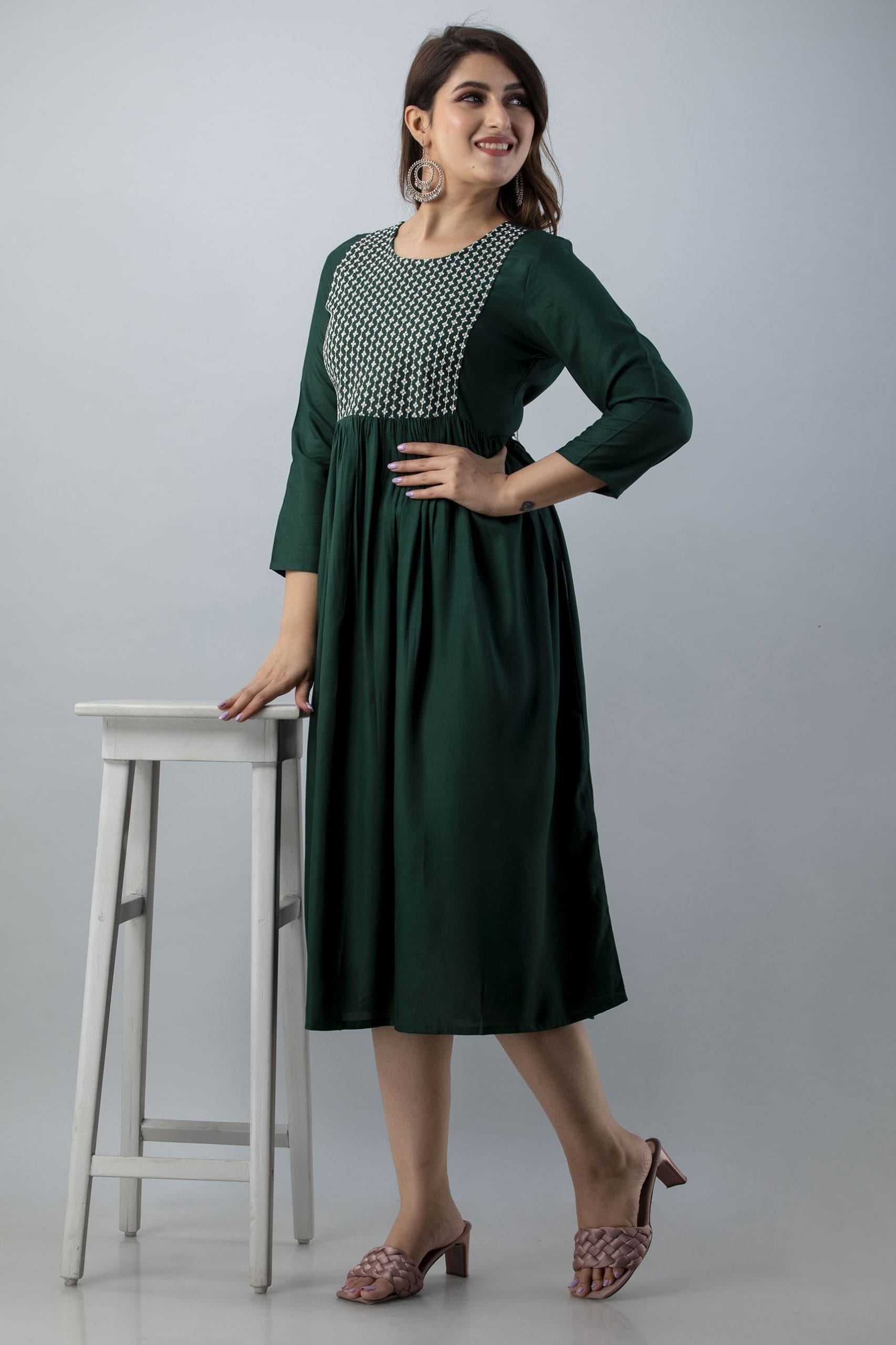 "Mithya Bottle Green Flared Midi Kurta"