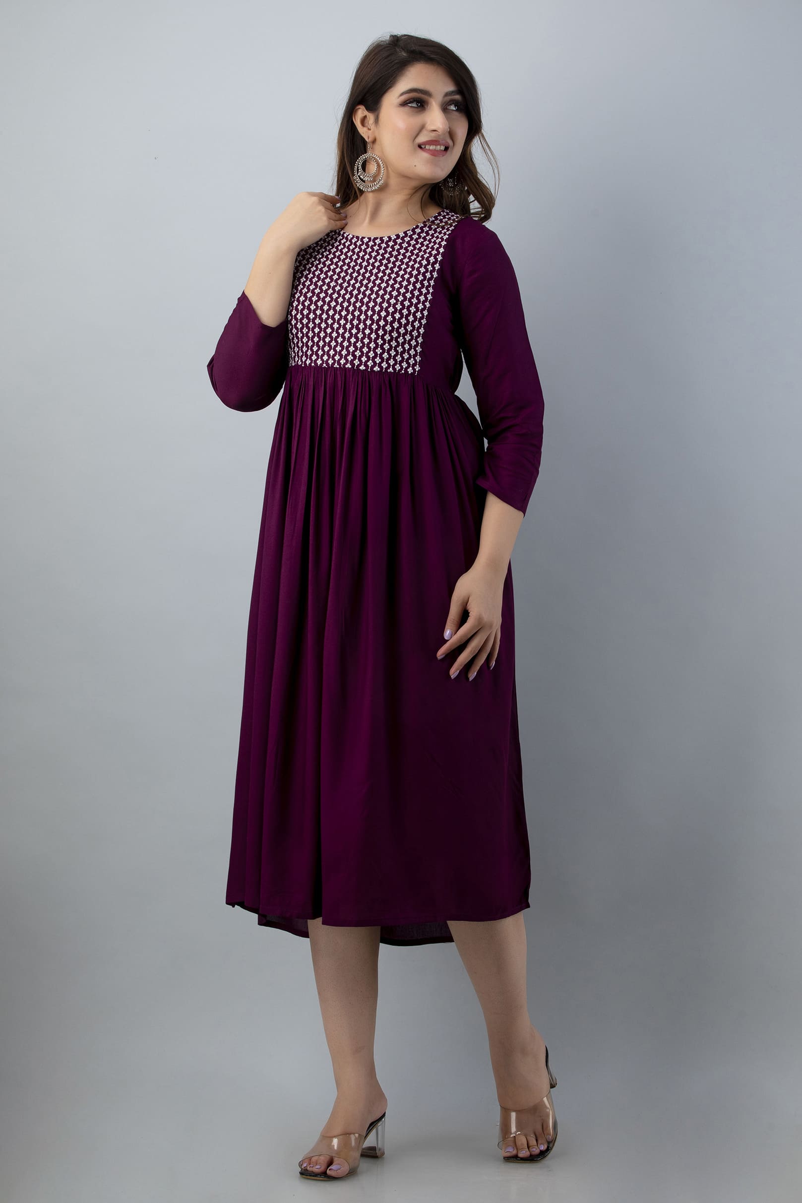 Mithya Wine Flared Midi Kurta Dress - View 4