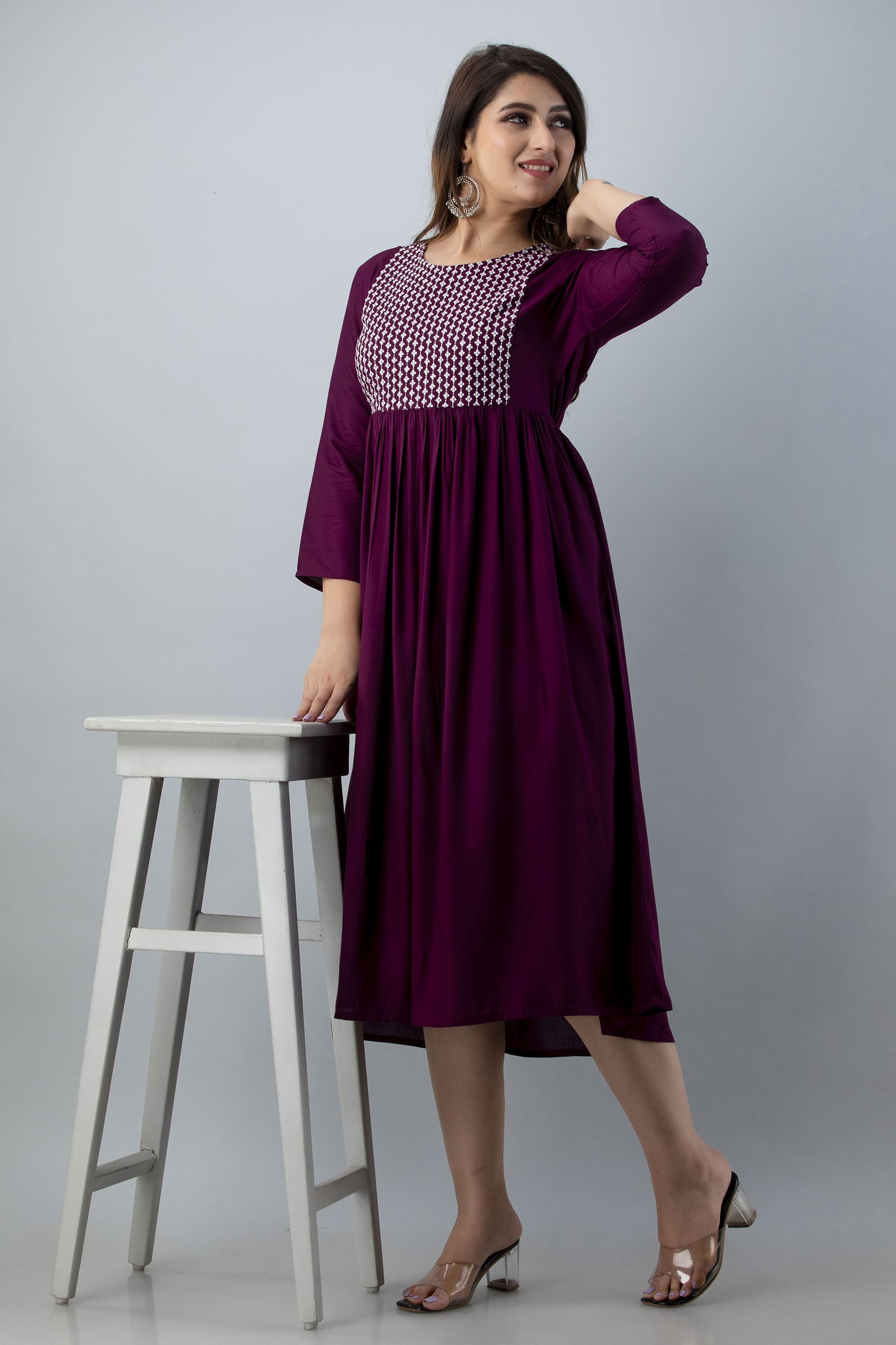 Mithya Wine Flared Midi Kurta Dress - View 5