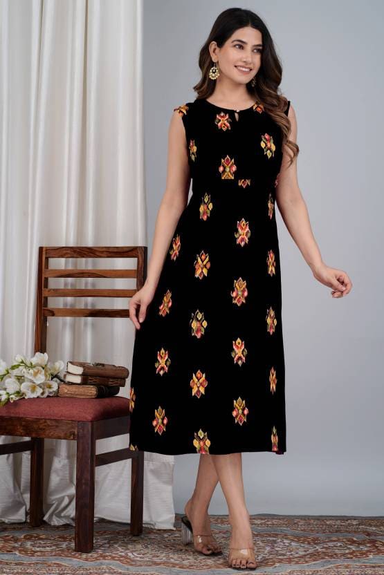 Rivaah Black Printed Flared Sleeveless Kurta
