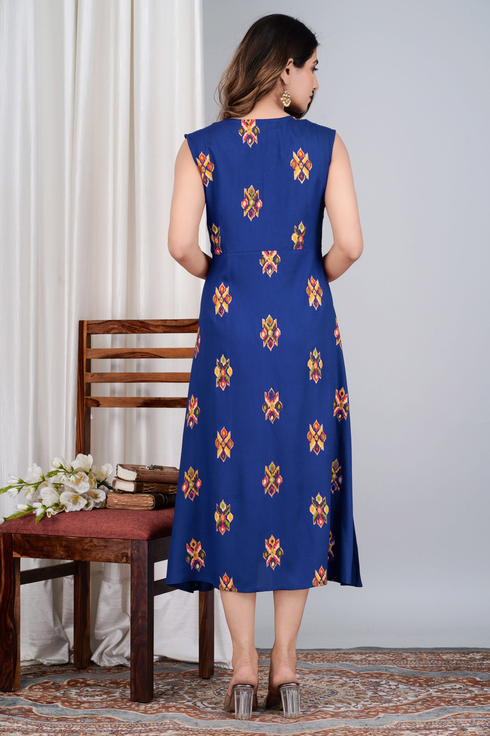 Rivaah Blue Printed Flared Sleeveless Kurta