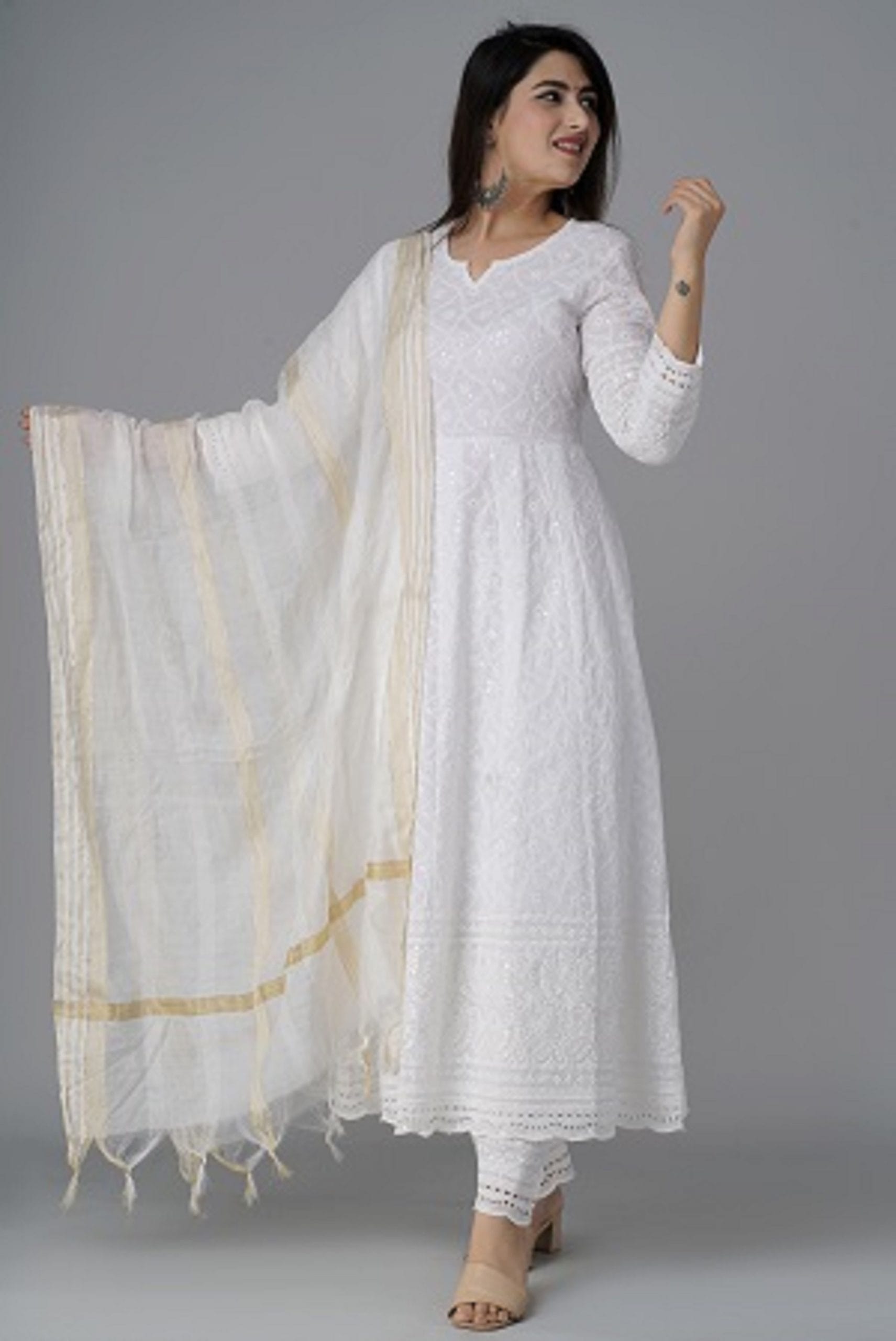White Chikankari Anarkali Kurta Set with Dupatta by Vaaki