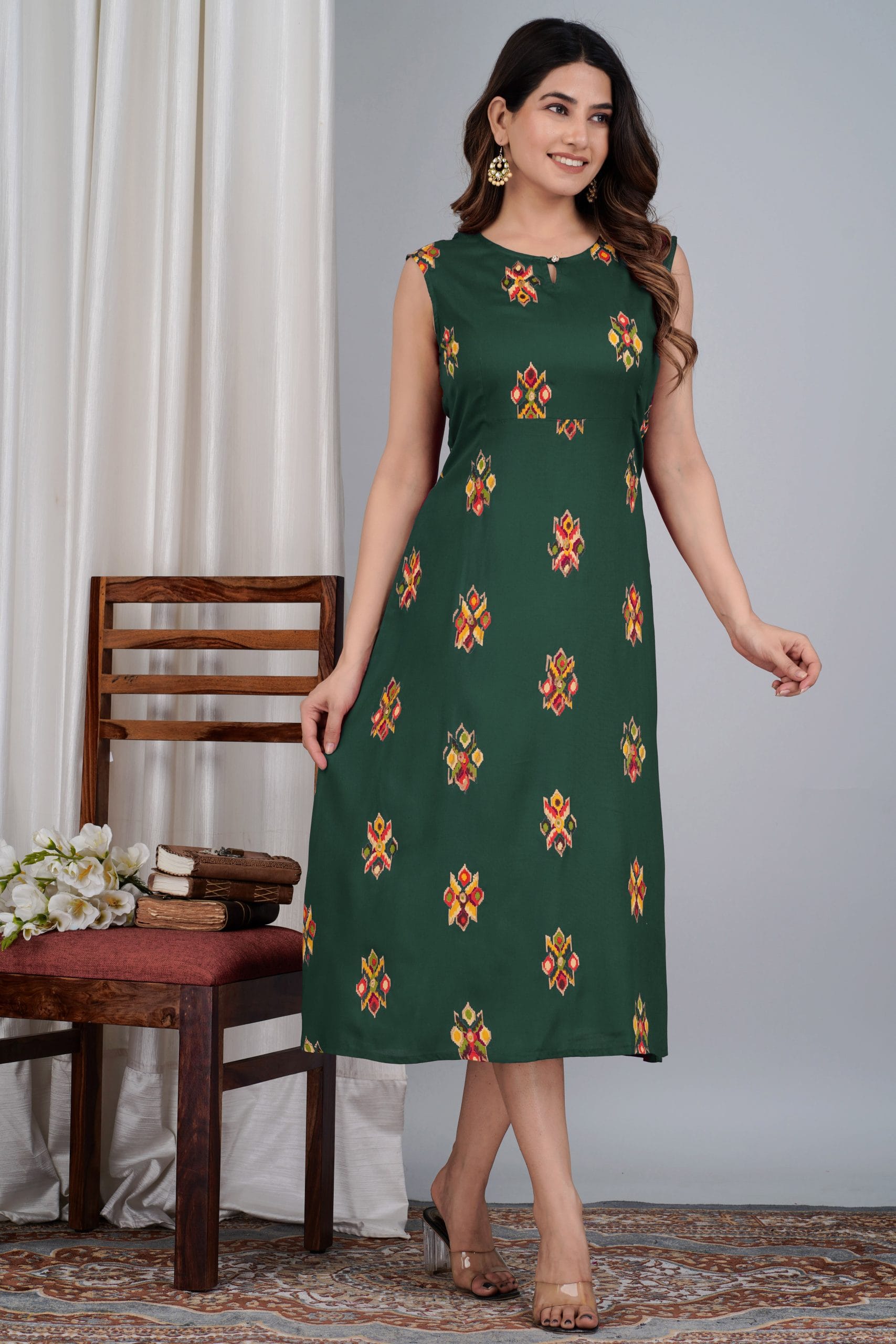 Rivaah Green Printed Flared Sleeveless | Vaaki