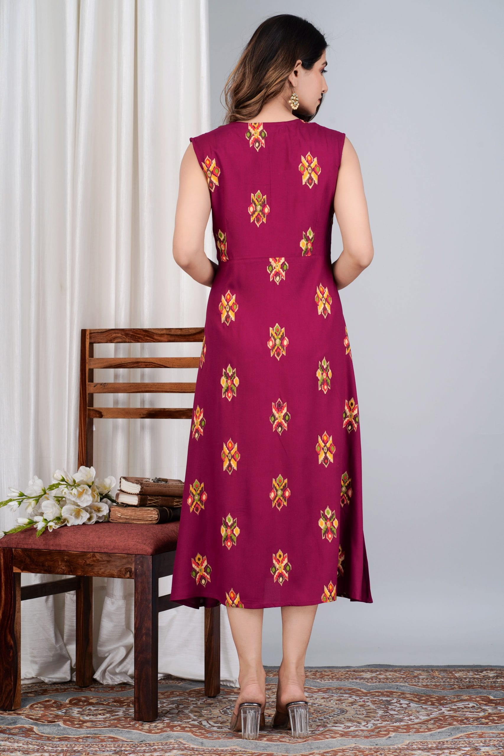 Rivaah Maroon Printed Flared Sleeveless Kurta - View 2
