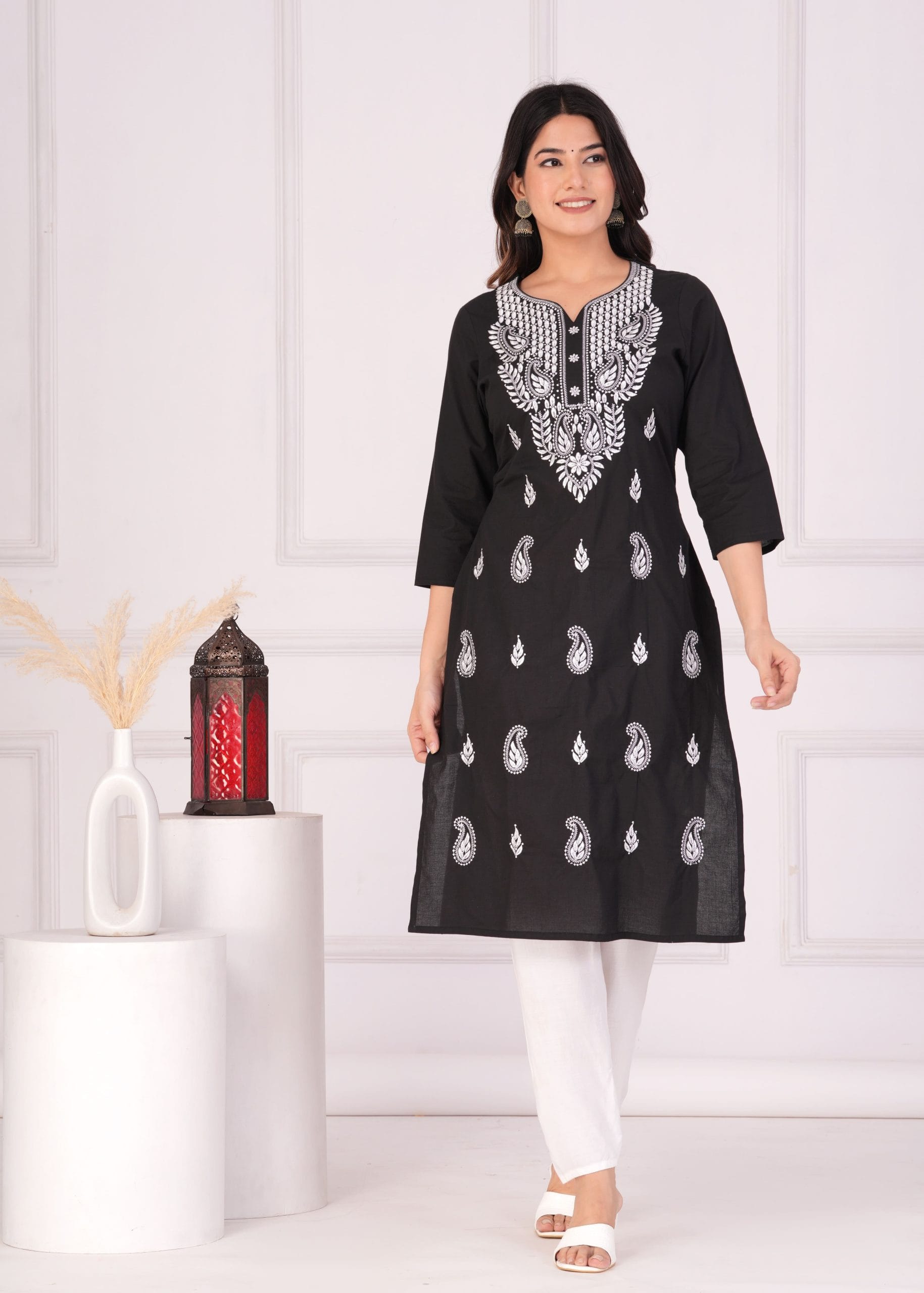 Black & White Embroidered Cotton Straight Kurta by Vaaki
