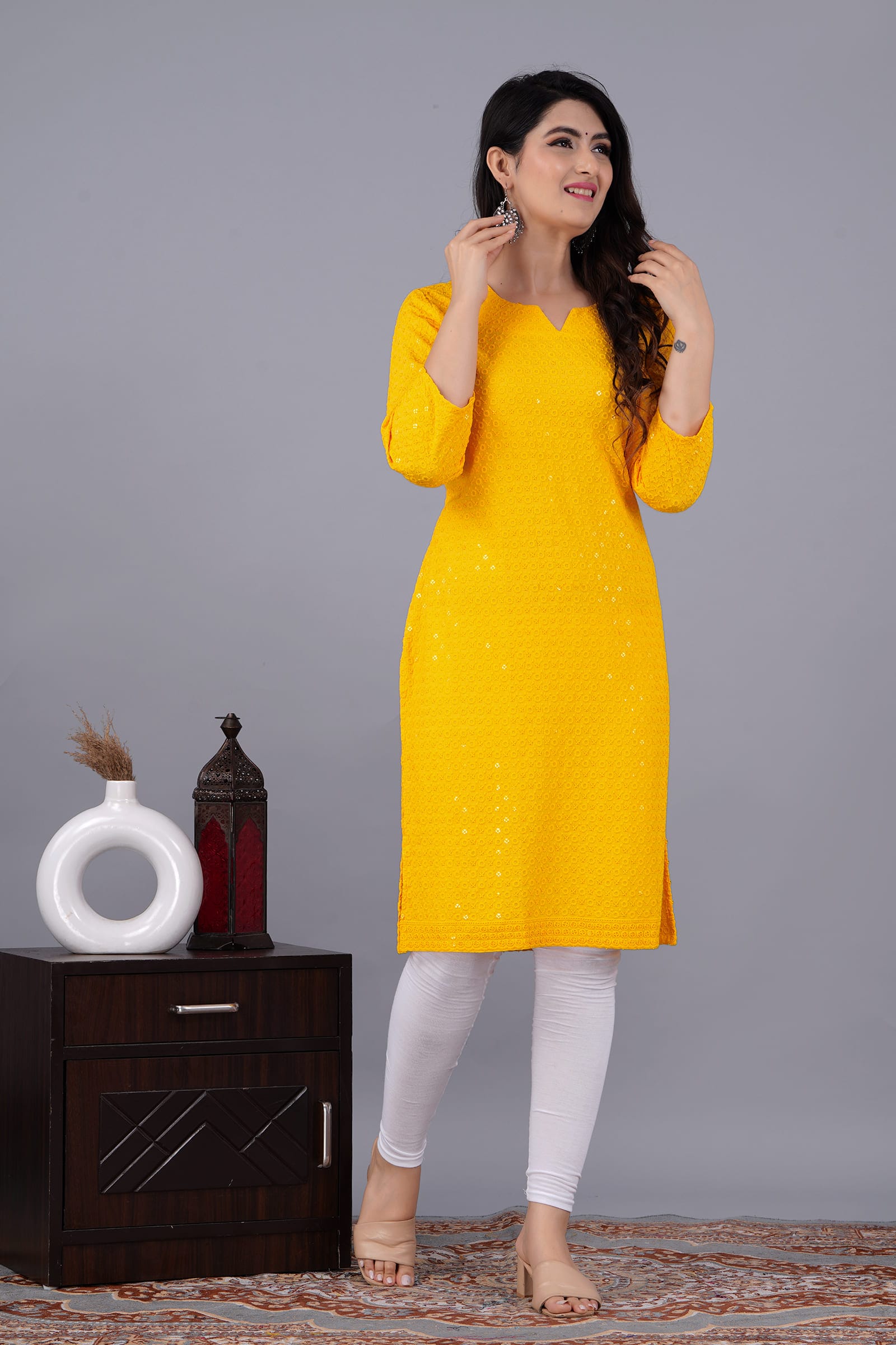 Noor Yellow Chikankari Kurti for Women - View 3