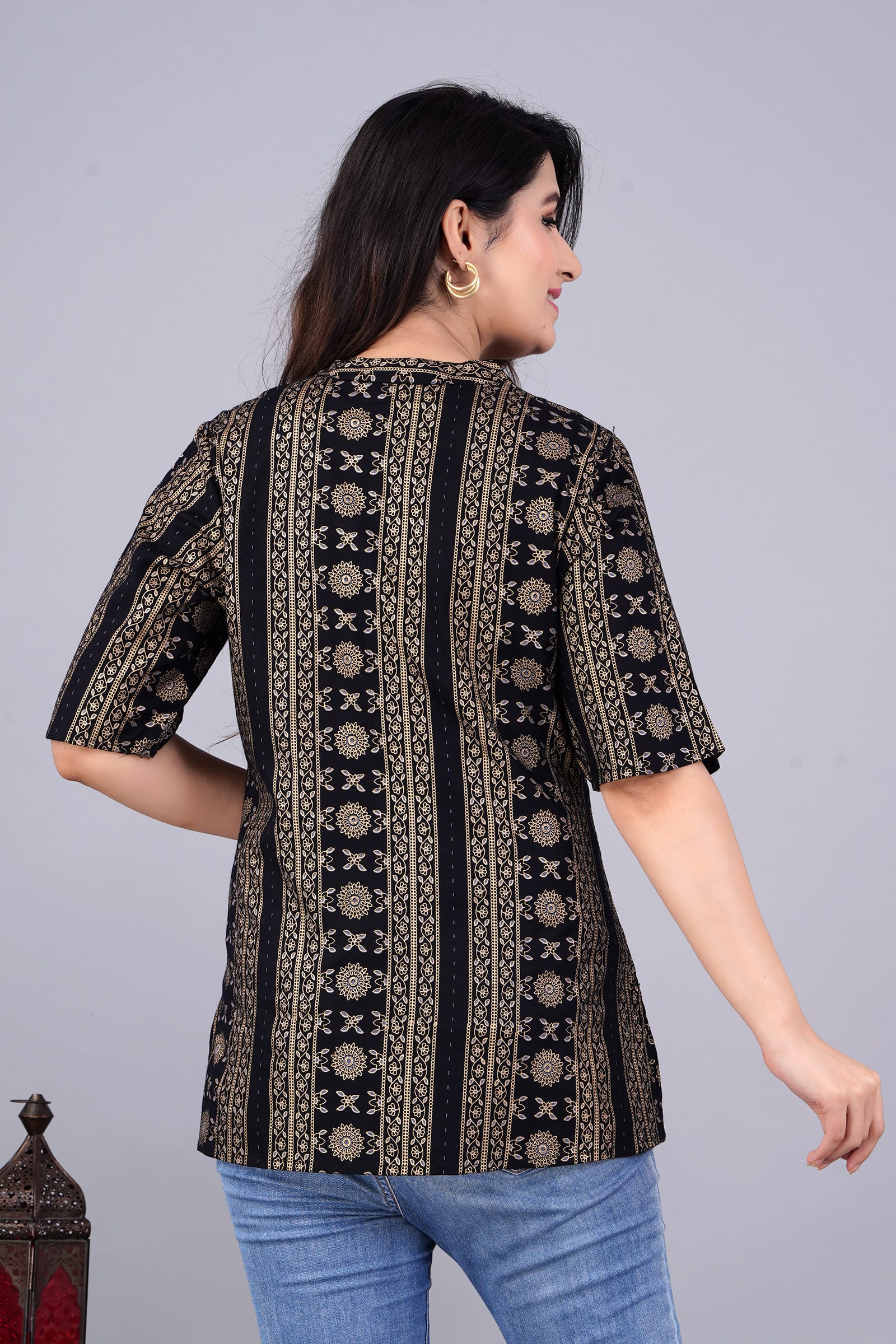 Noir Printed Cotton Black Tunic Top - View 2