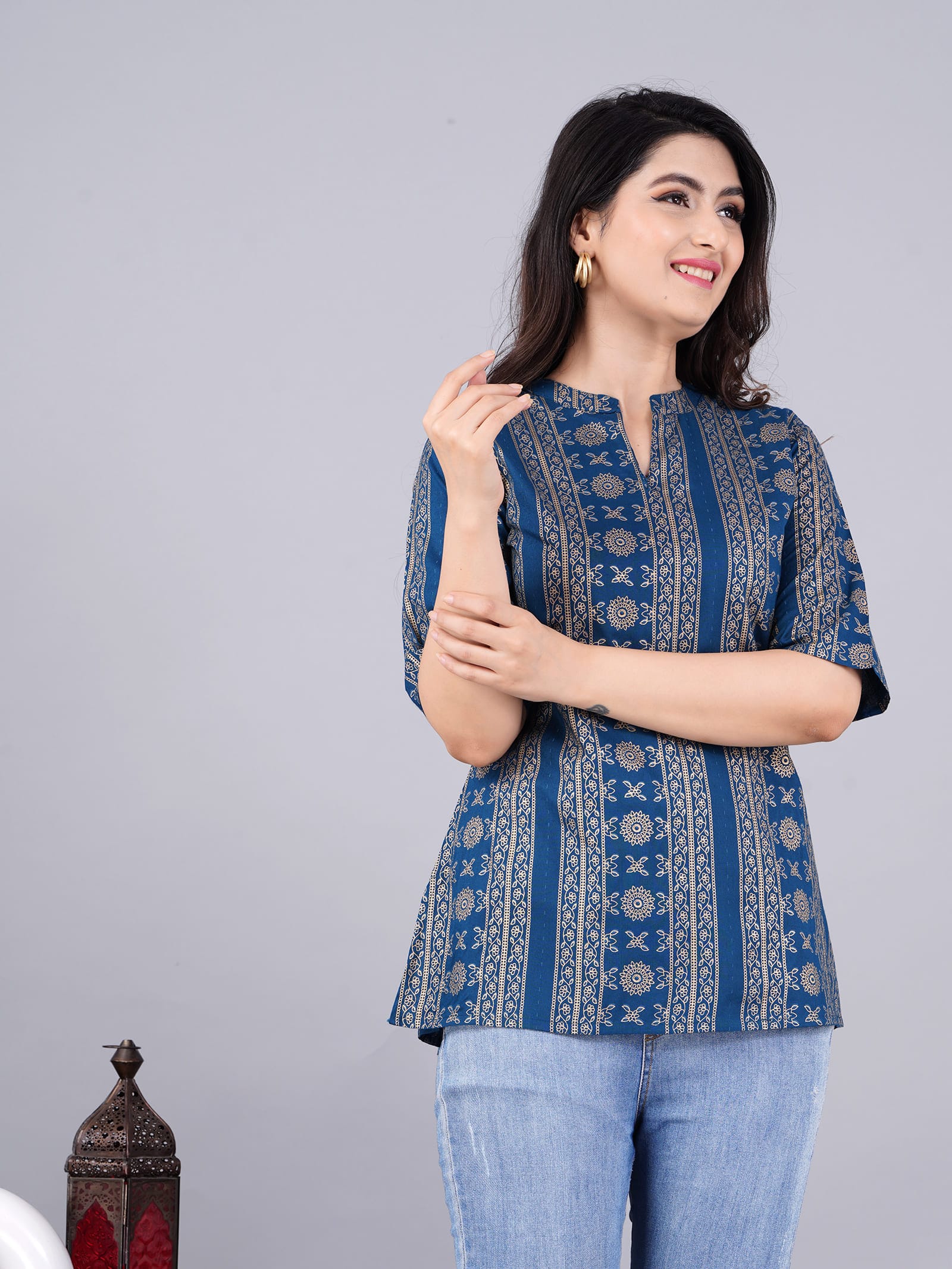 Aanya Rayon Blend Printed Blue Tunic Top - View 3