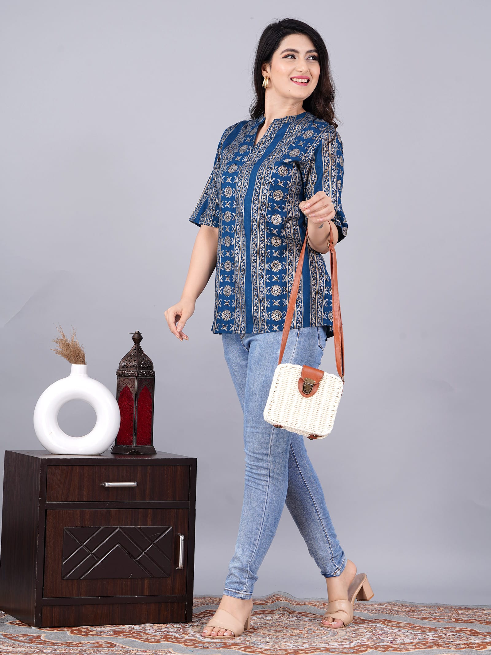 "Aanya Rayon Blend Printed Blue Tunic Top"