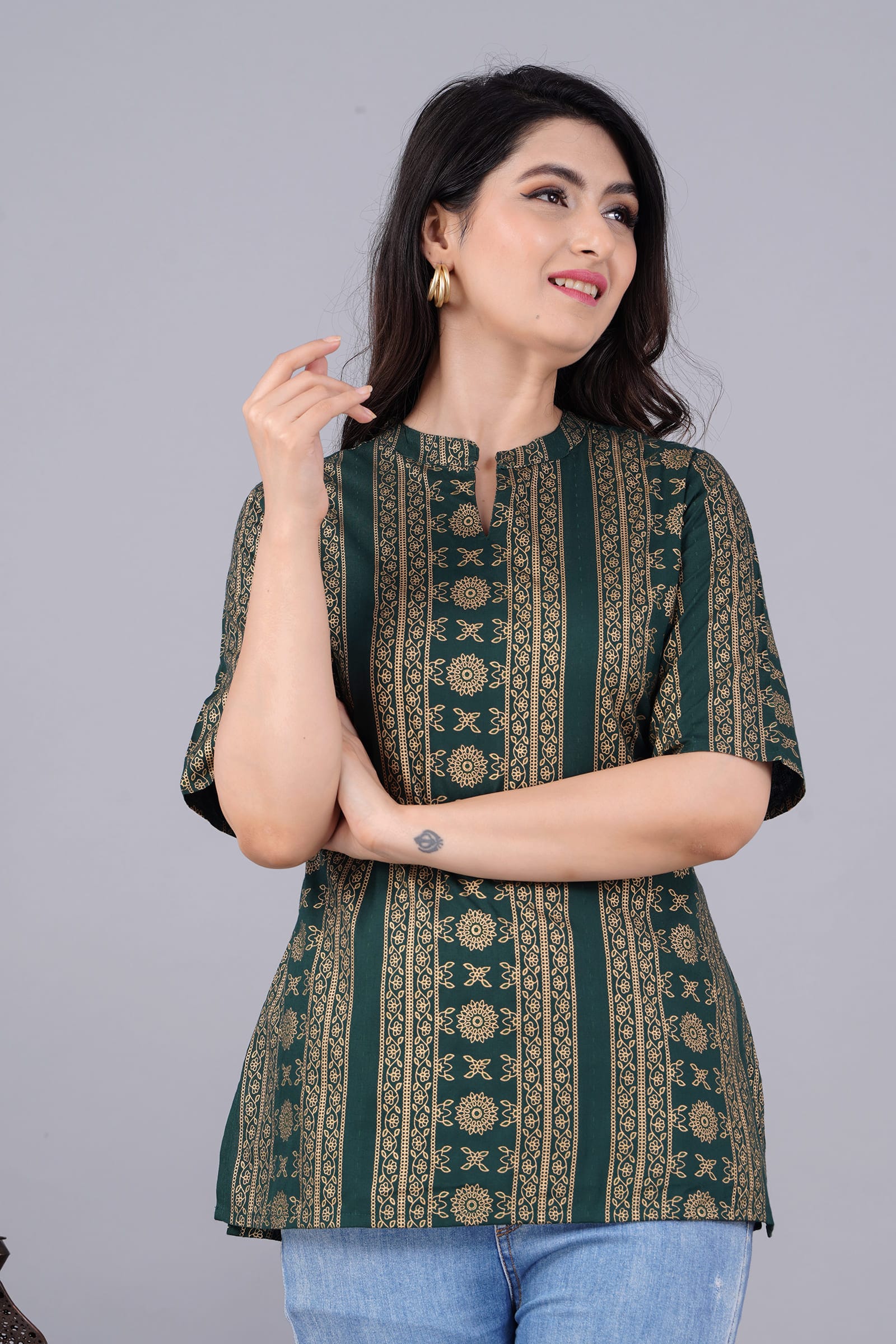Nayra Printed Tropical Green Tunic Top - View 3