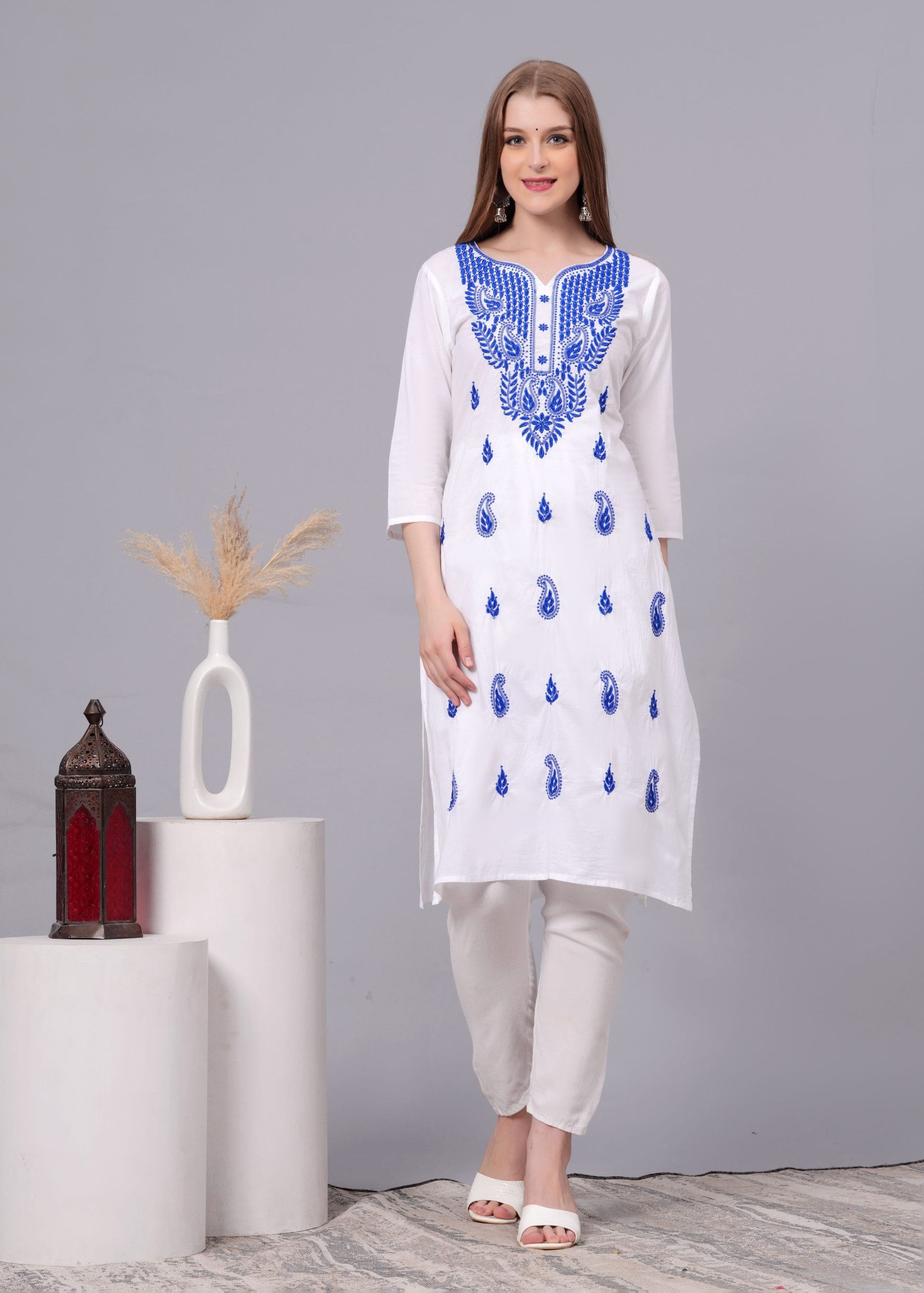 Cotton Blue Embroidery White Straight Kurti by Vaaki