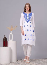 Kiara Cotton Blue Embroidery White Straight Kurti