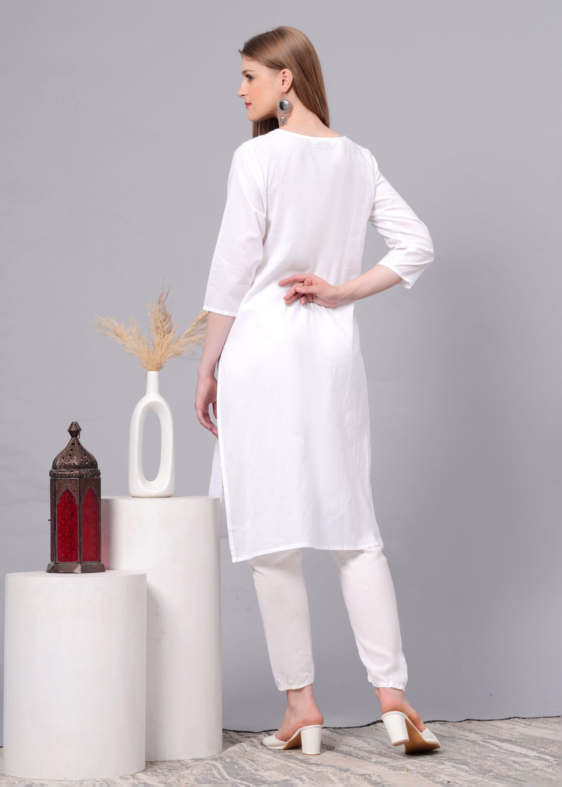 Cotton Blue Embroidery White Straight Kurti - View 2