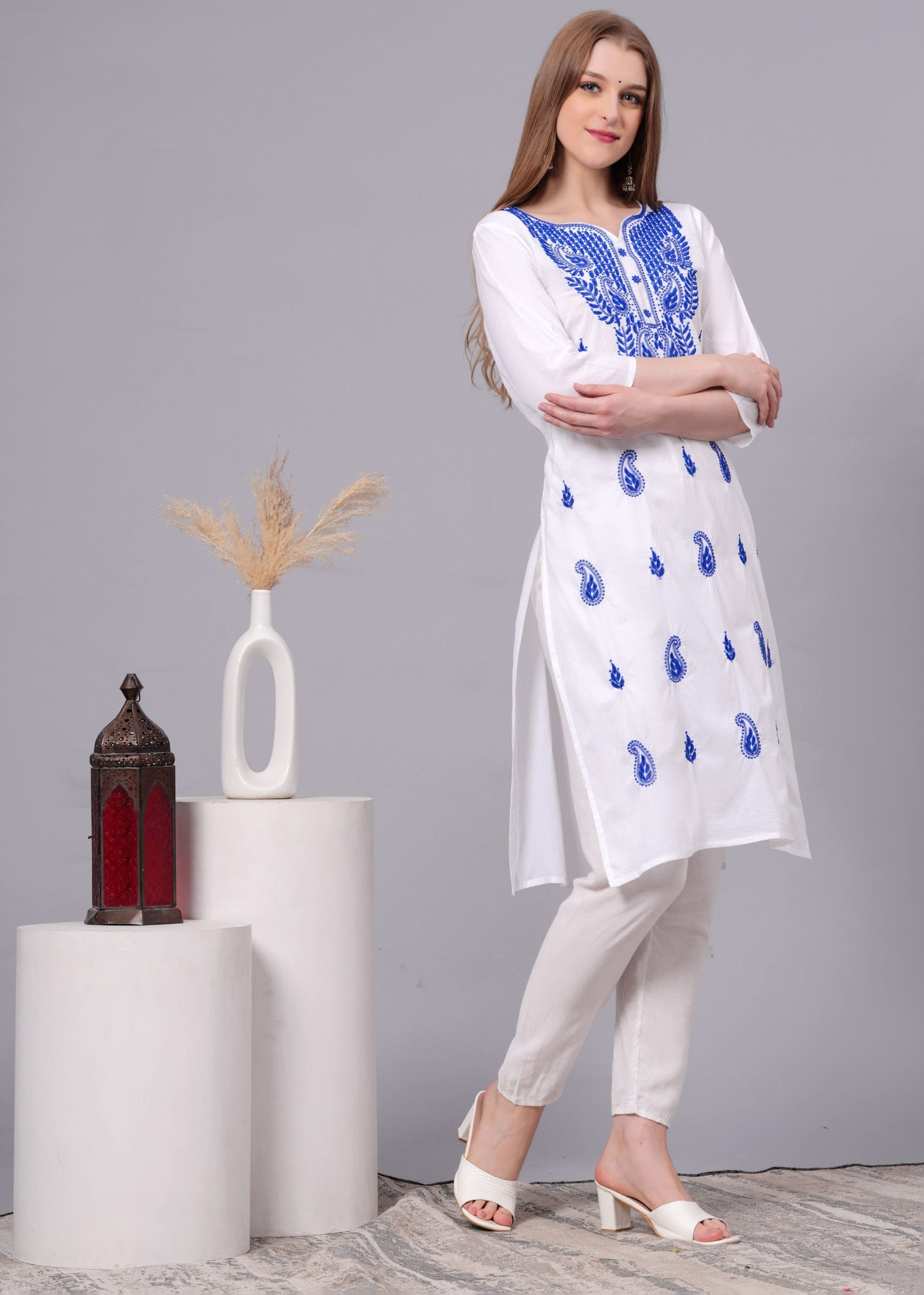 Cotton Blue Embroidery White Straight Kurti - View 3