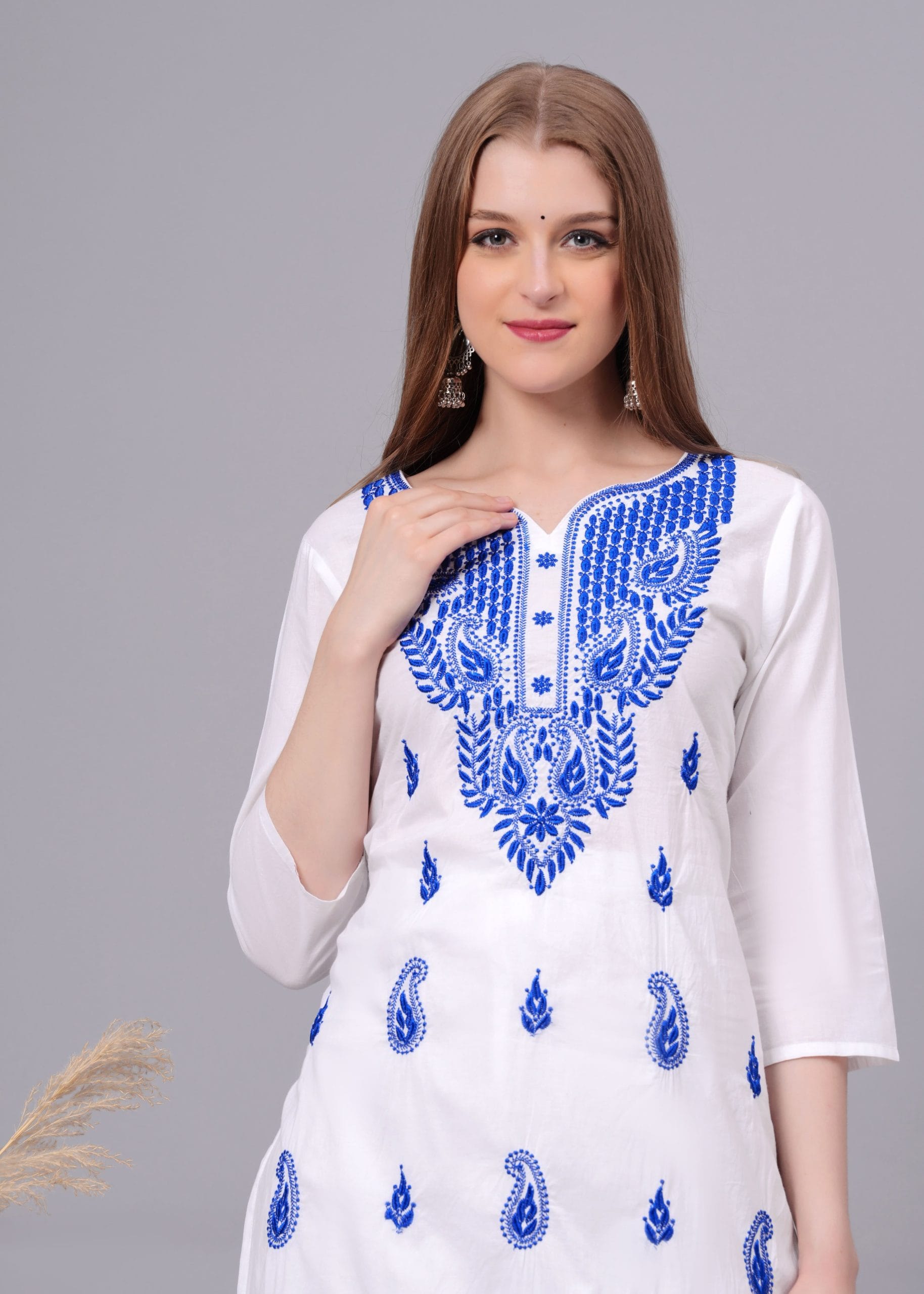 Cotton Blue Embroidery White Straight Kurti - View 4