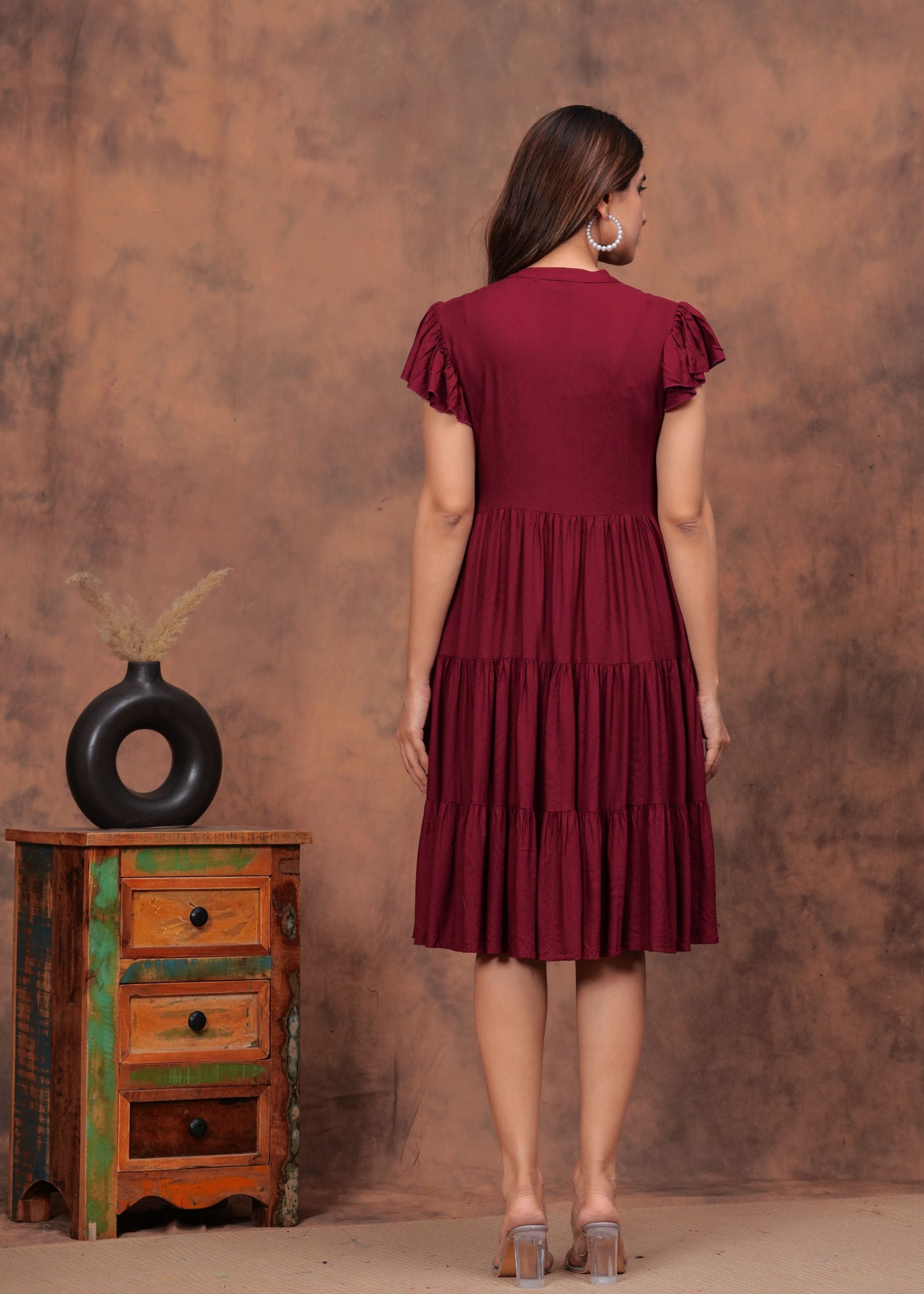 Zaara Maroon Flared Short Sleeve Dress - View 2
